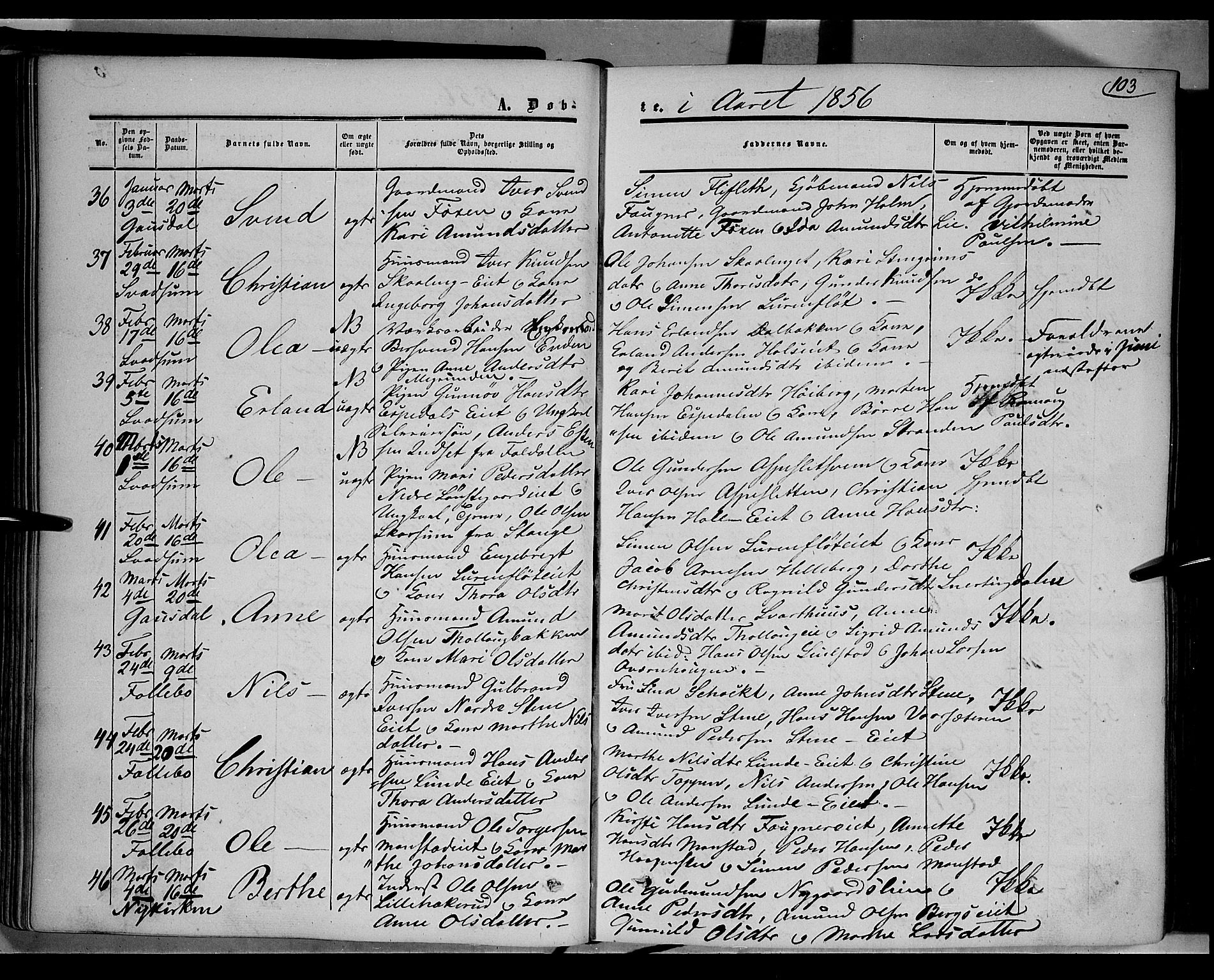 Gausdal prestekontor, AV/SAH-PREST-090/H/Ha/Haa/L0008: Parish register (official) no. 8, 1850-1861, p. 103