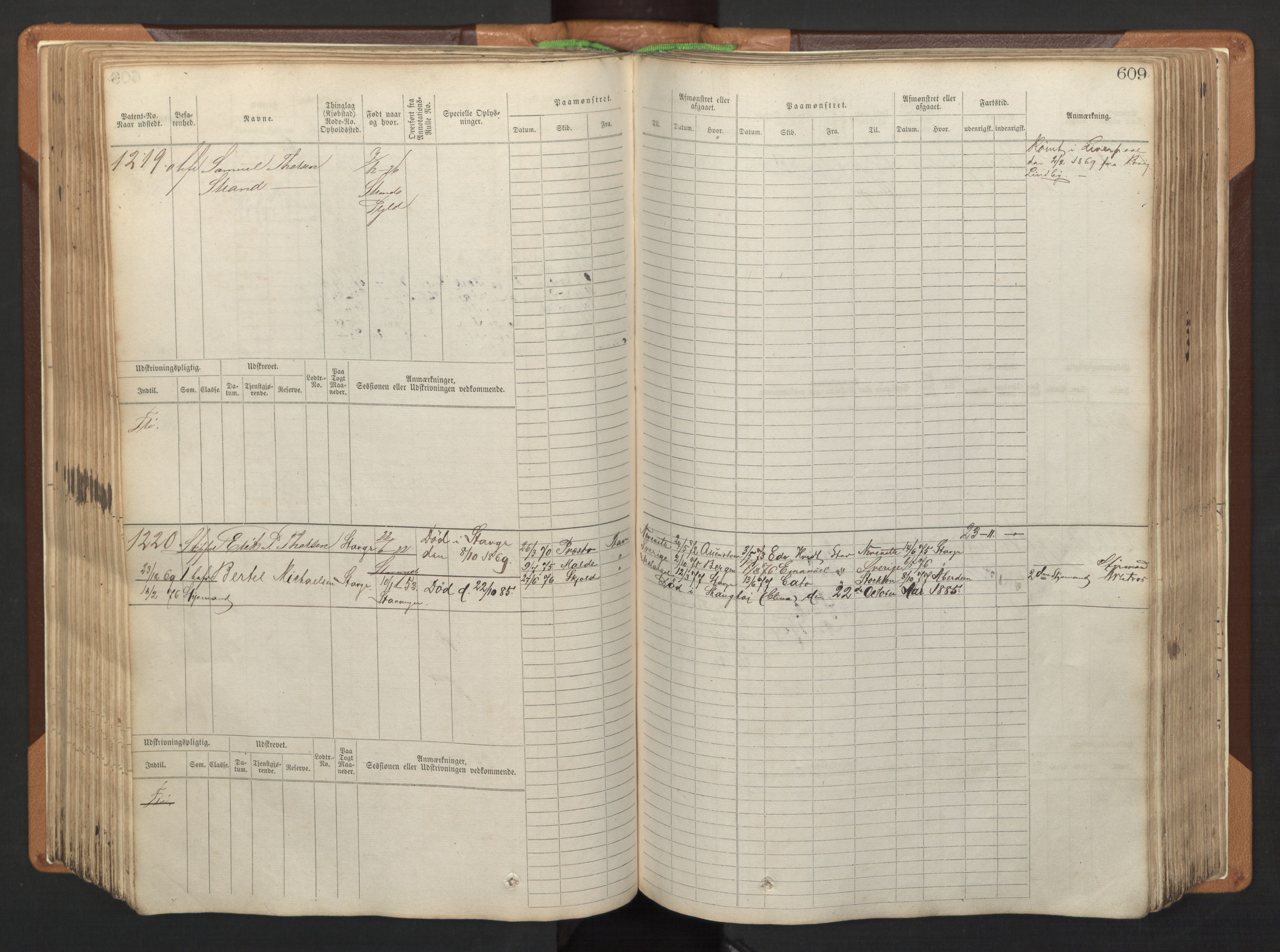 Stavanger sjømannskontor, AV/SAST-A-102006/F/Fb/Fbb/L0005: Sjøfartshovedrulle, patentnr. 793-1606 (del 2), 1869-1880, p. 219