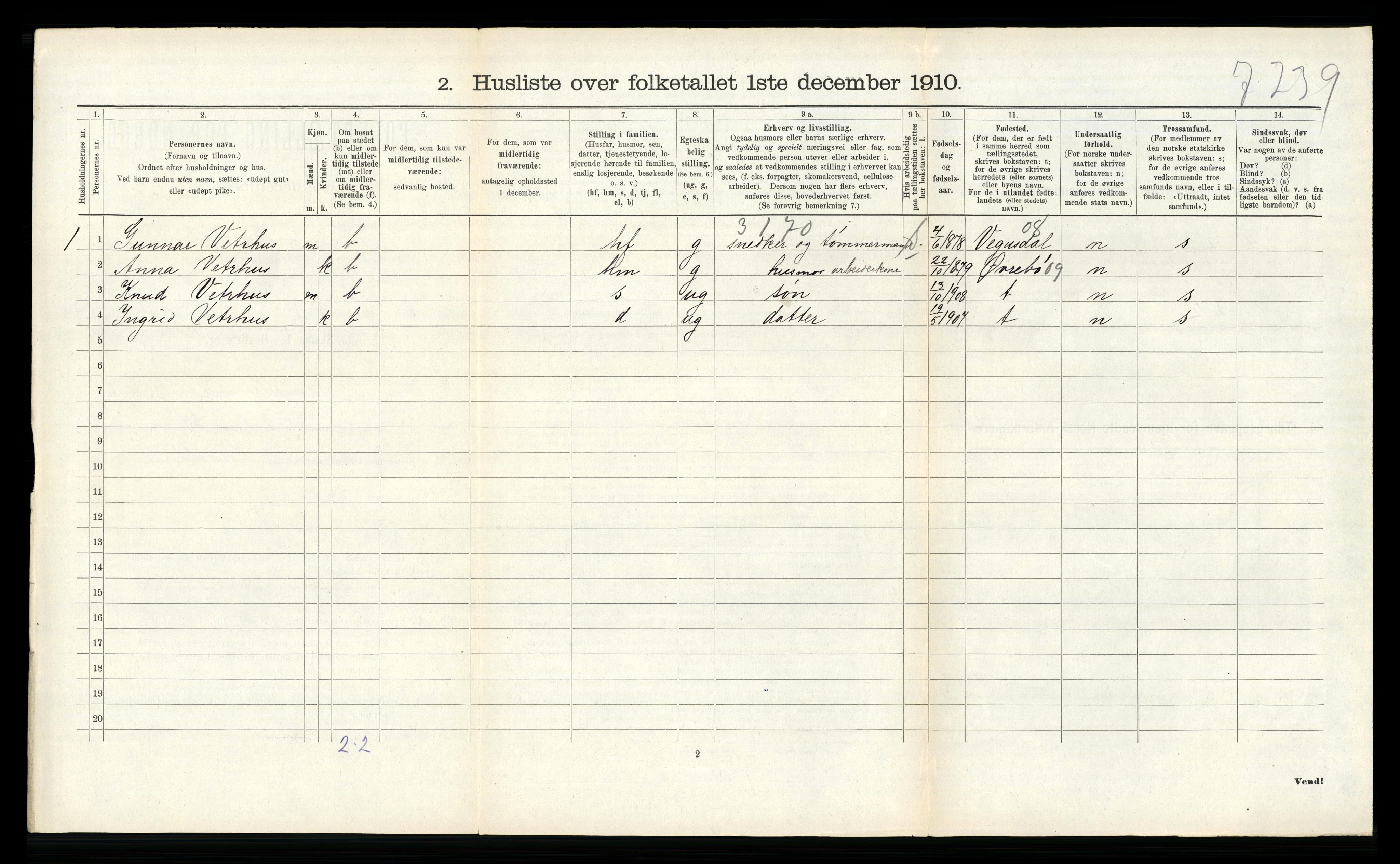 RA, 1910 census for Vennesla, 1910, p. 123