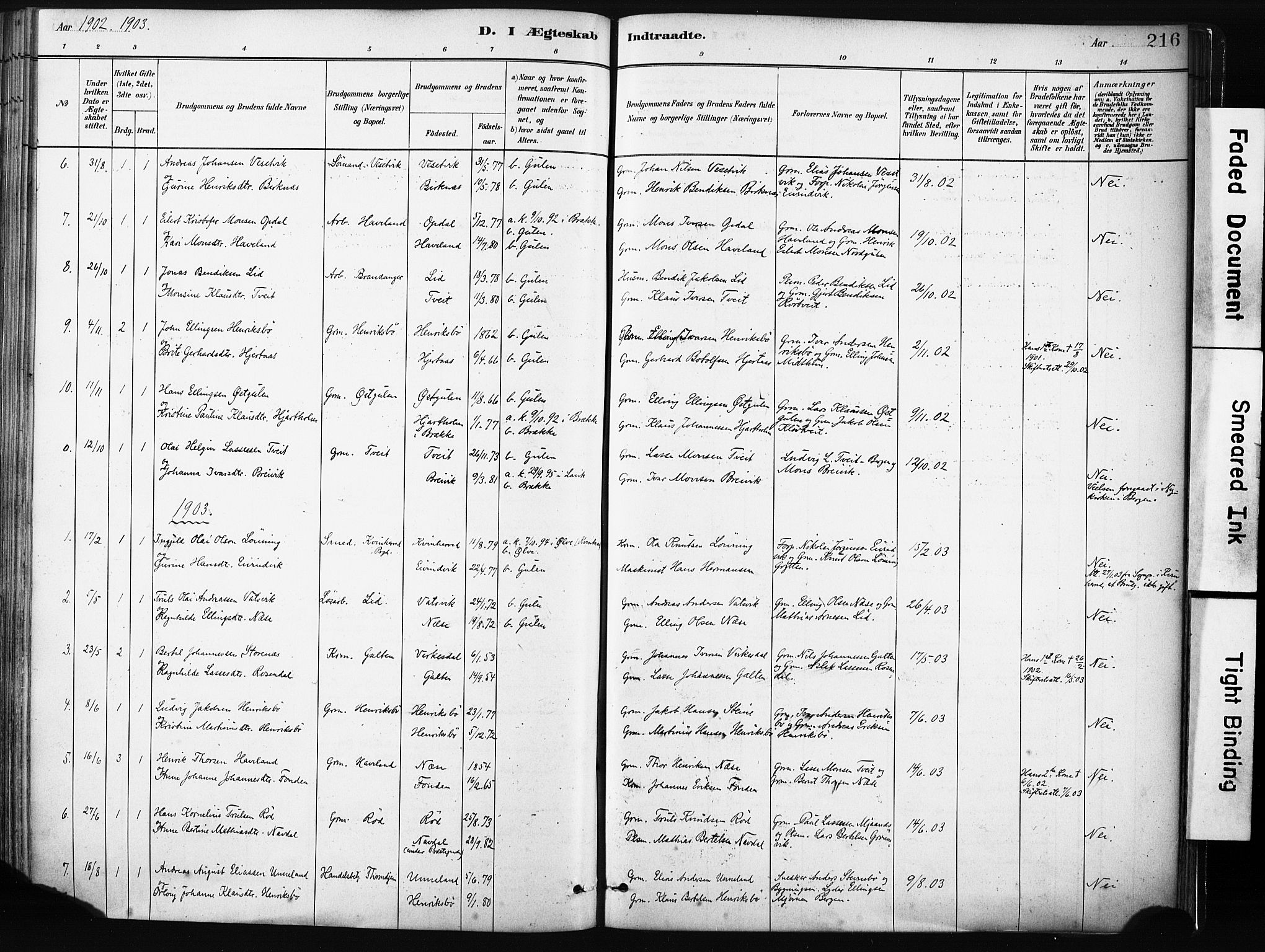 Gulen sokneprestembete, SAB/A-80201/H/Haa/Haab/L0001: Parish register (official) no. B 1, 1881-1905, p. 216