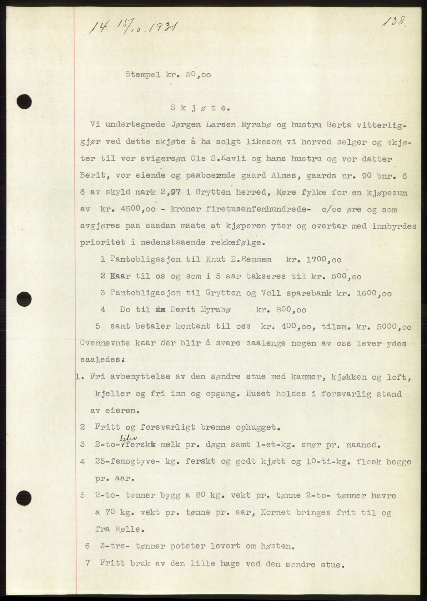 Romsdal sorenskriveri, AV/SAT-A-4149/1/2/2C/L0060: Mortgage book no. 54, 1931-1932, Deed date: 15.10.1931