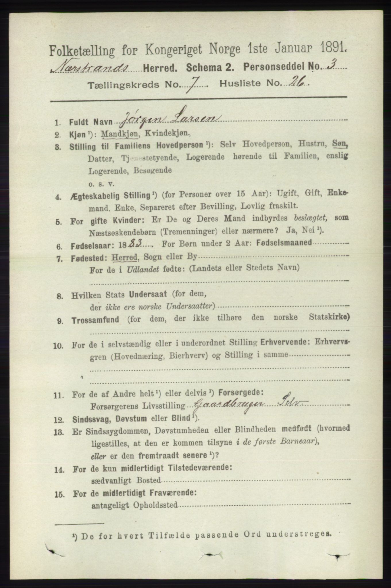 RA, 1891 census for 1139 Nedstrand, 1891, p. 1307