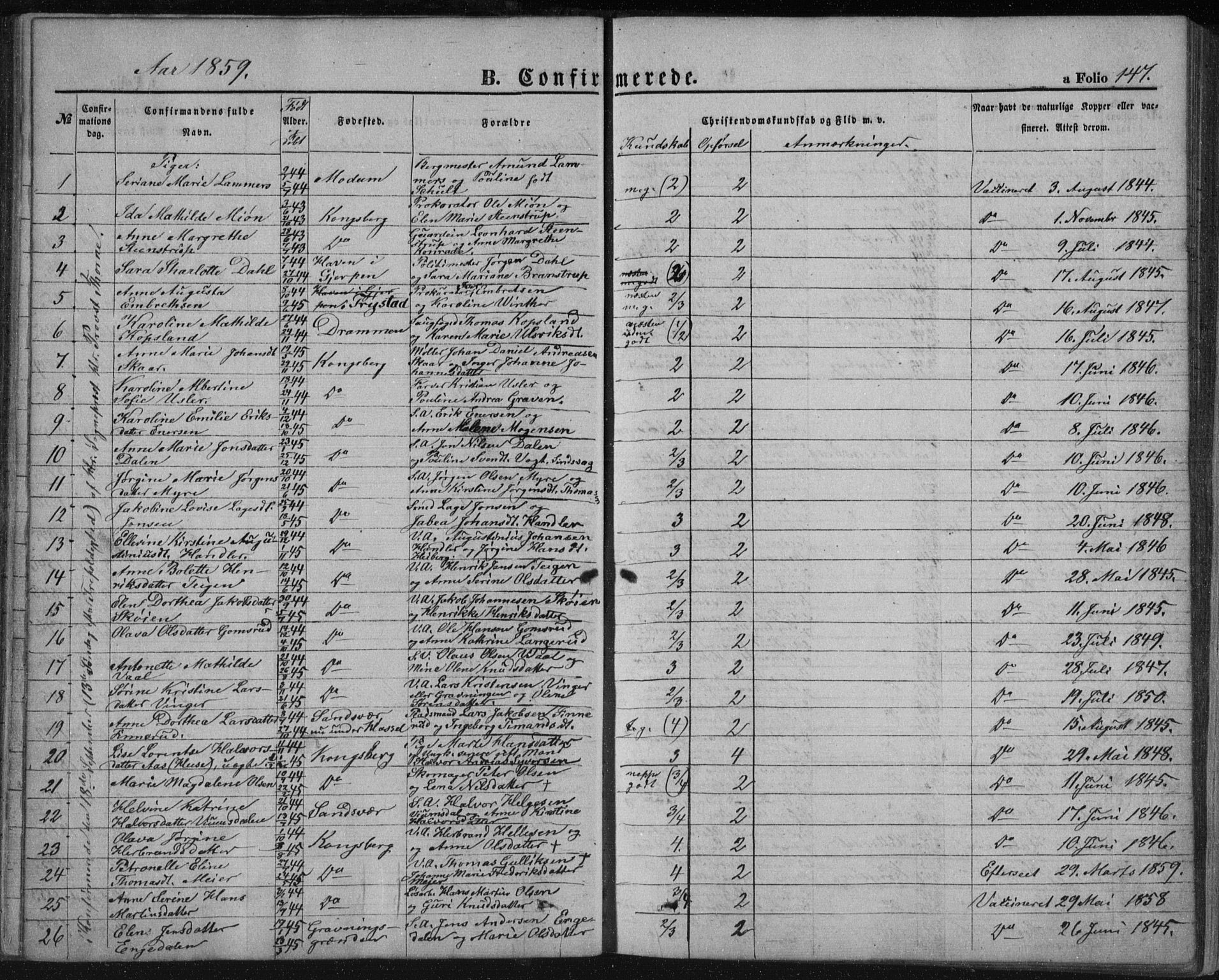 Kongsberg kirkebøker, AV/SAKO-A-22/F/Fa/L0010: Parish register (official) no. I 10, 1859-1875, p. 147