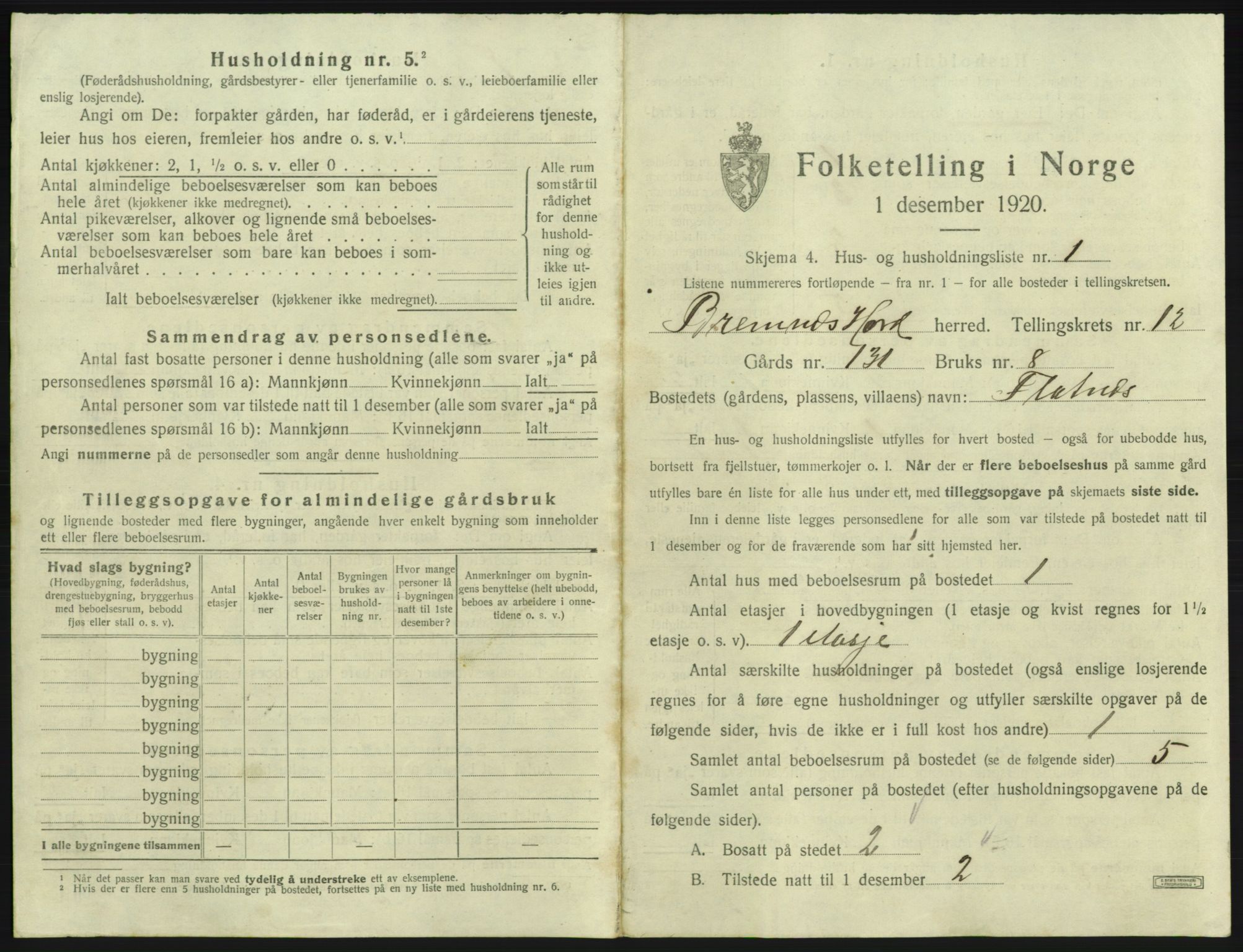 SAB, 1920 census for Bremnes, 1920, p. 1026