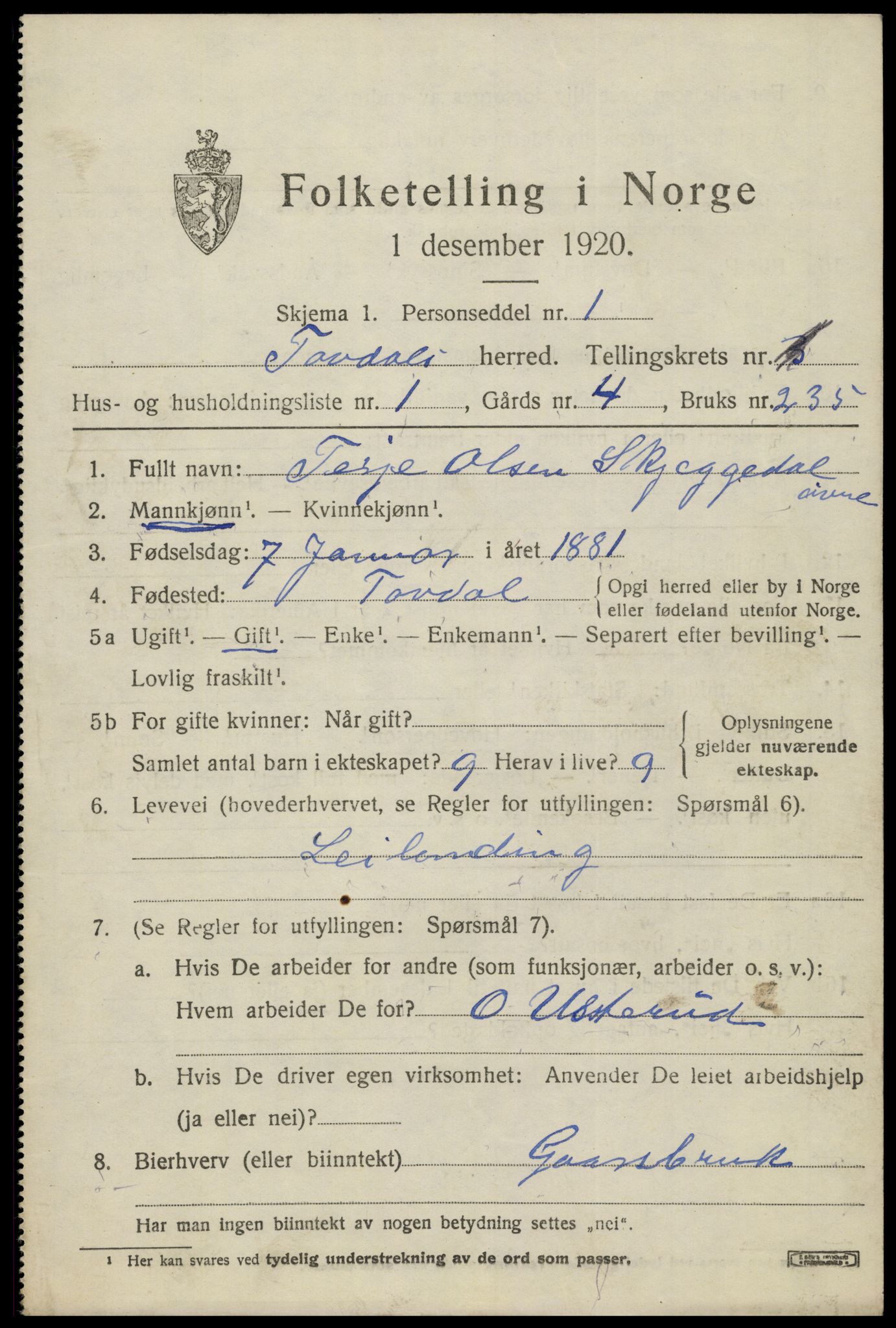 SAK, 1920 census for Tovdal, 1920, p. 147