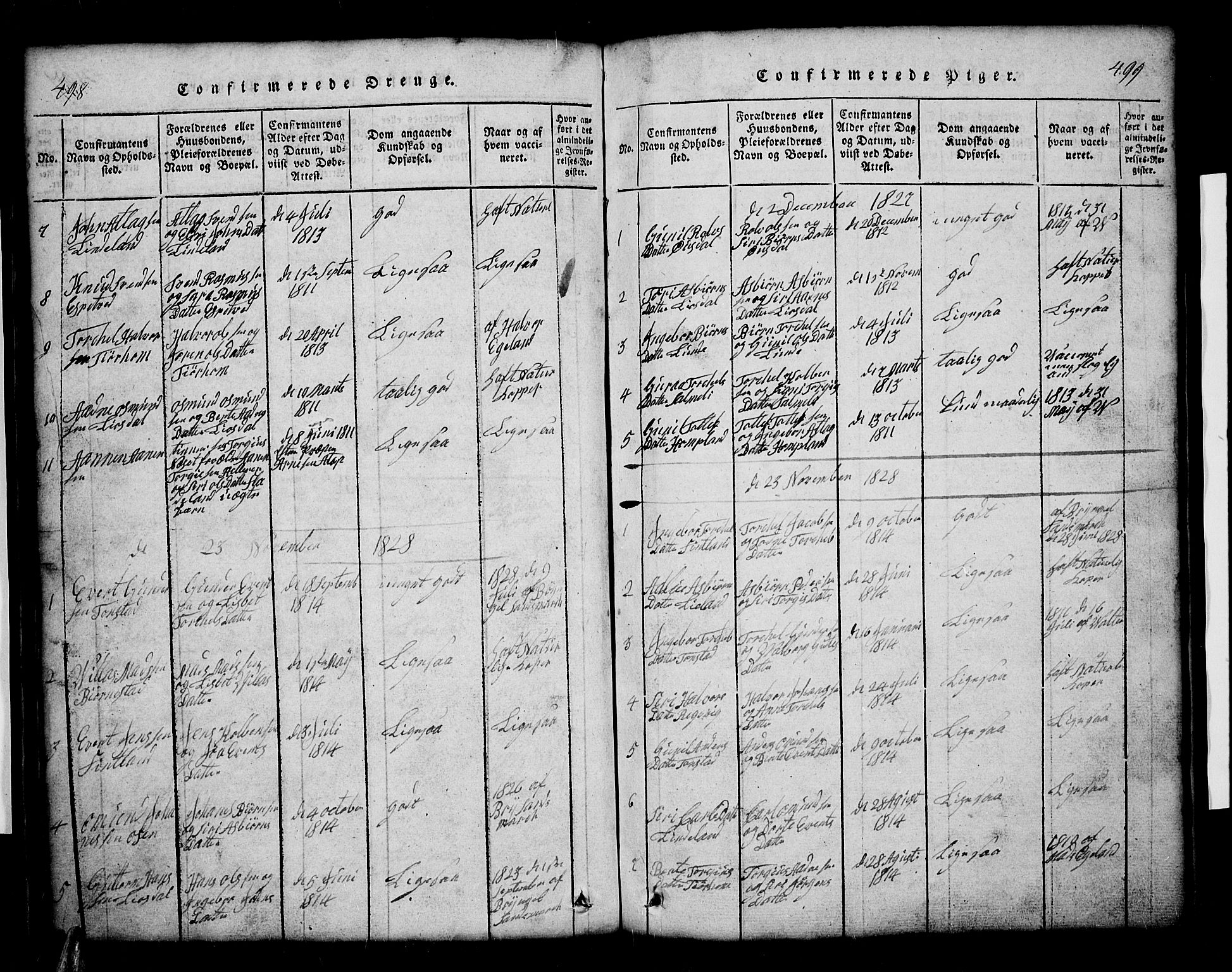 Sirdal sokneprestkontor, SAK/1111-0036/F/Fb/Fbb/L0001: Parish register (copy) no. B 1, 1815-1834, p. 498-499