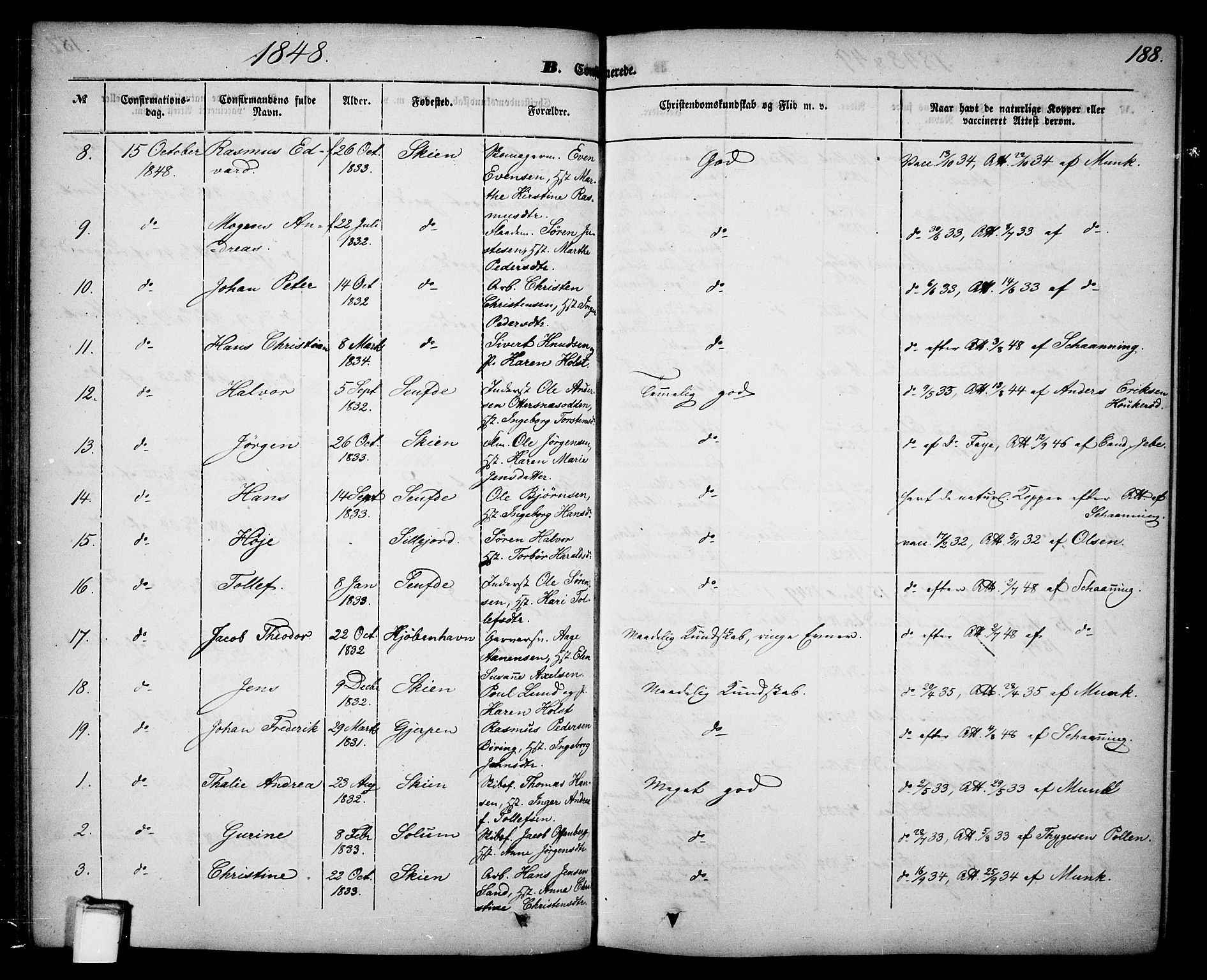 Skien kirkebøker, AV/SAKO-A-302/G/Ga/L0004: Parish register (copy) no. 4, 1843-1867, p. 188