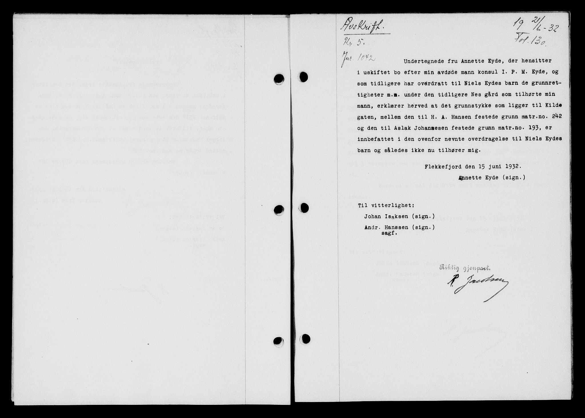 Flekkefjord sorenskriveri, AV/SAK-1221-0001/G/Gb/Gba/L0047: Mortgage book no. 45, 1931-1932, Deed date: 21.06.1932