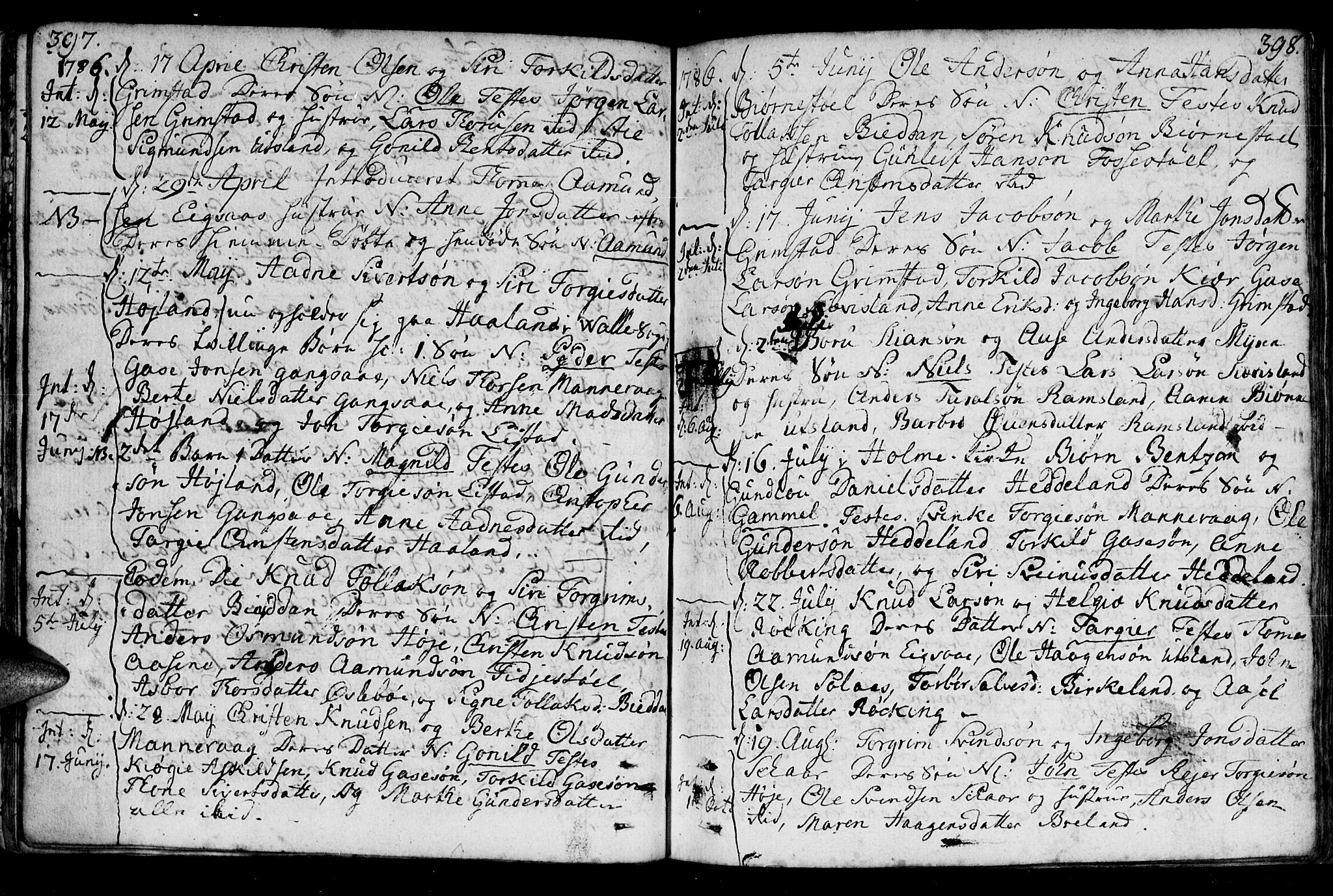 Holum sokneprestkontor, AV/SAK-1111-0022/F/Fa/Fac/L0001: Parish register (official) no. A 1, 1773-1820, p. 397-398