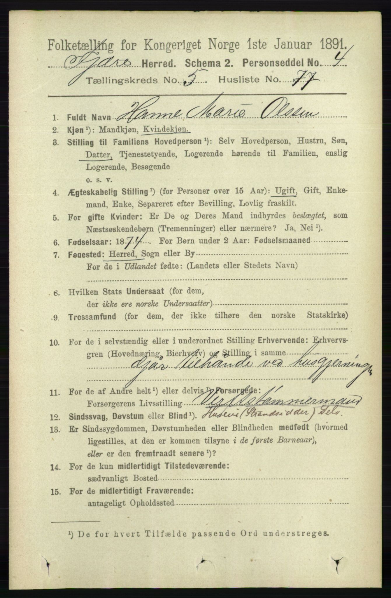 RA, 1891 census for 0923 Fjære, 1891, p. 2817