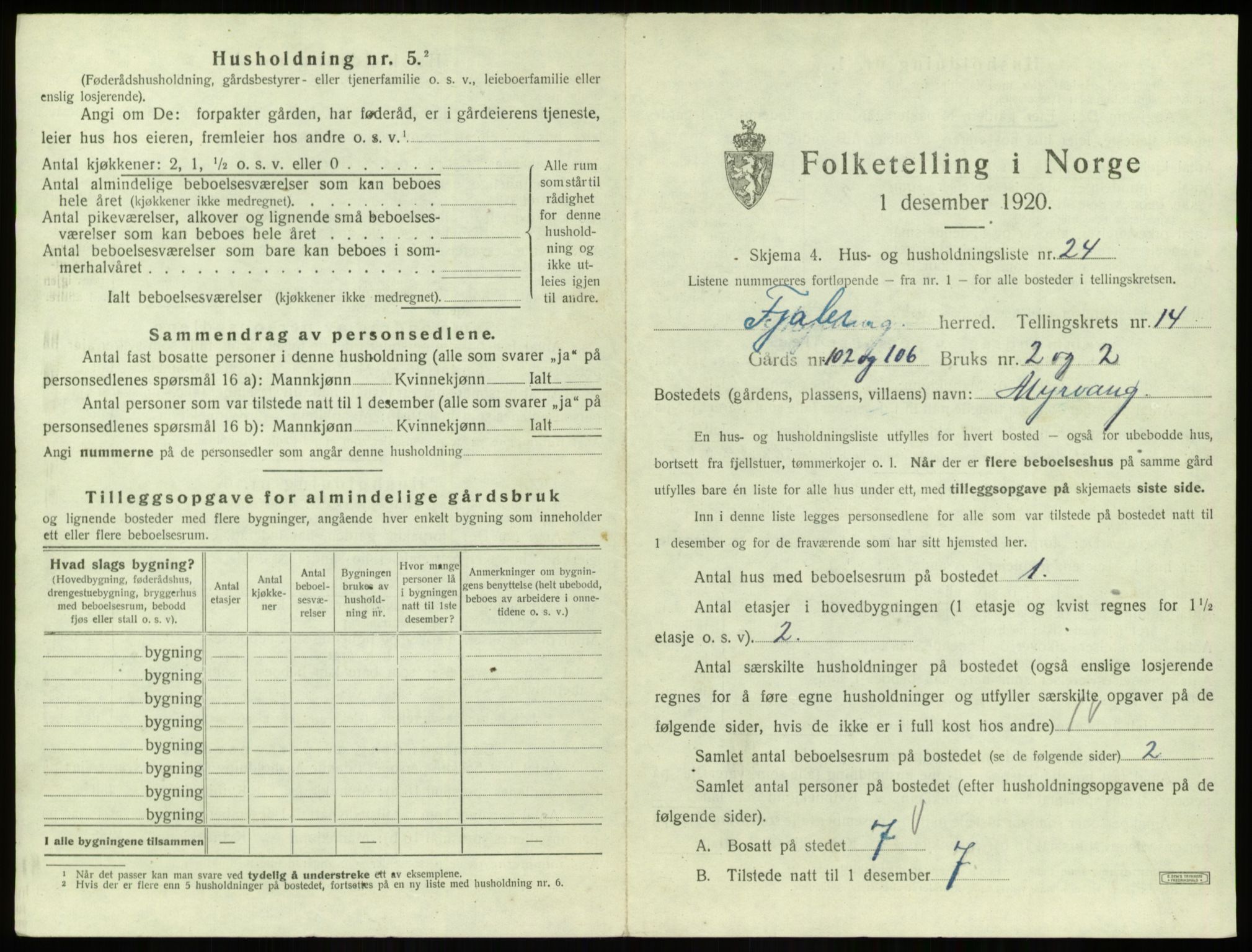 SAB, 1920 census for Fjaler, 1920, p. 1205