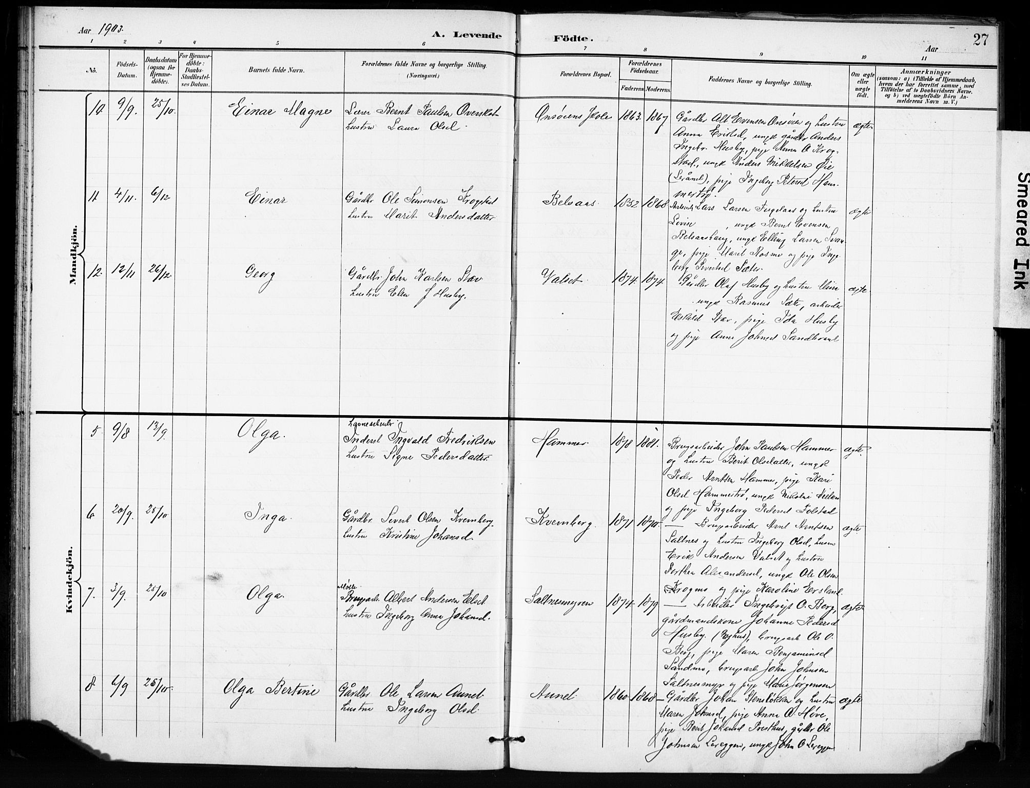Ministerialprotokoller, klokkerbøker og fødselsregistre - Sør-Trøndelag, SAT/A-1456/666/L0787: Parish register (official) no. 666A05, 1895-1908, p. 27
