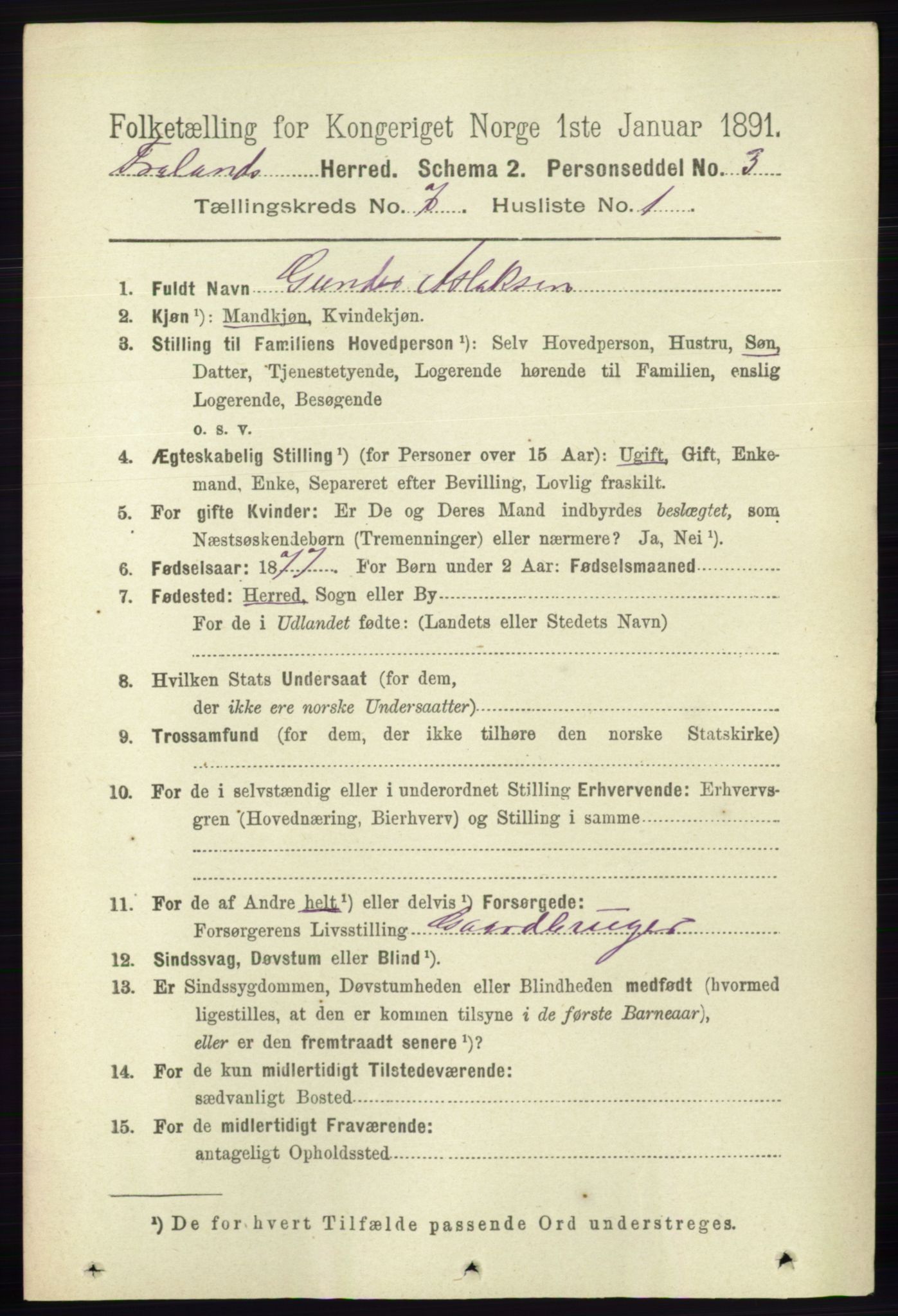 RA, 1891 census for 0919 Froland, 1891, p. 2657