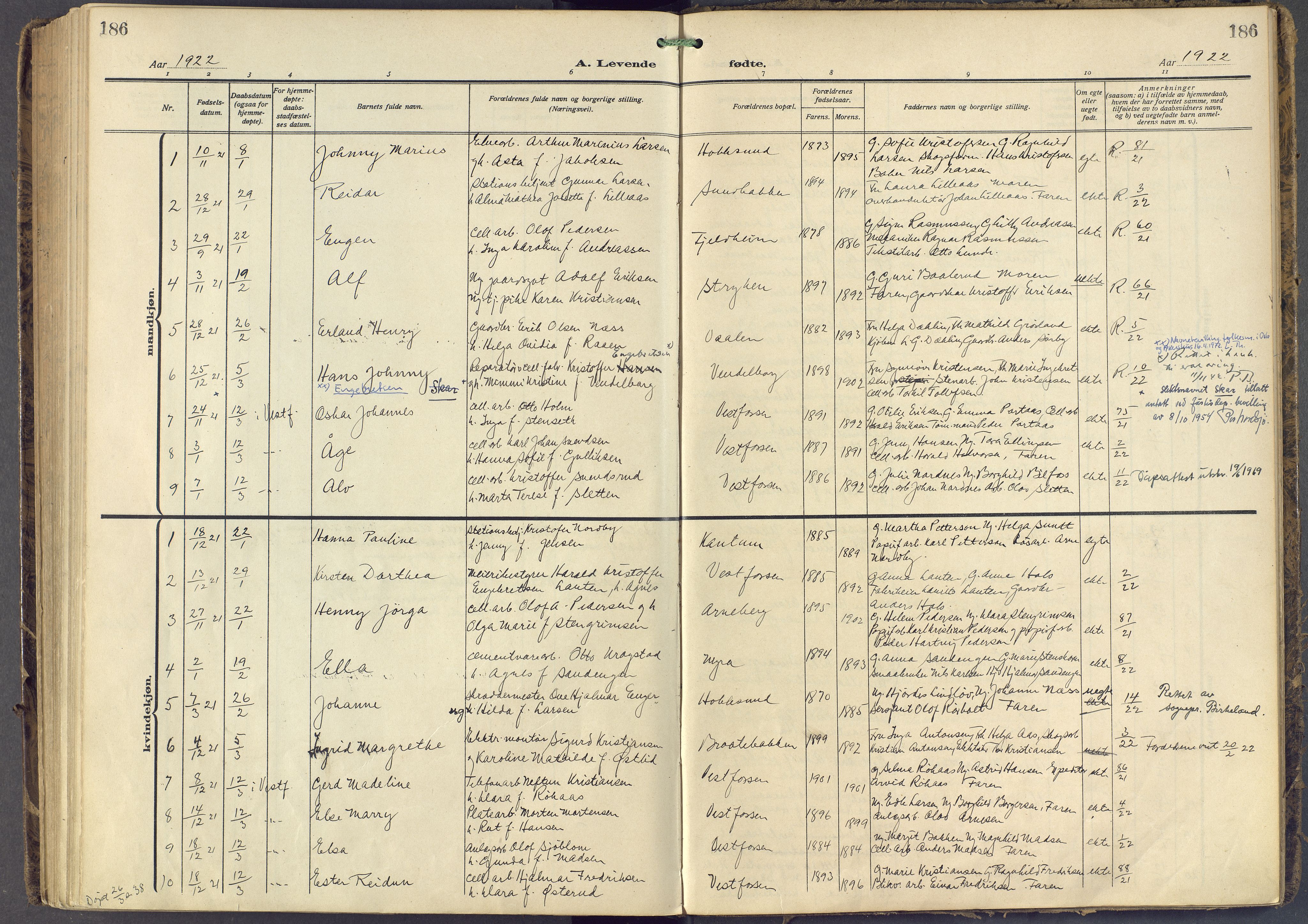 Eiker kirkebøker, AV/SAKO-A-4/F/Fb/L0009: Parish register (official) no. II 9, 1908-1923, p. 186