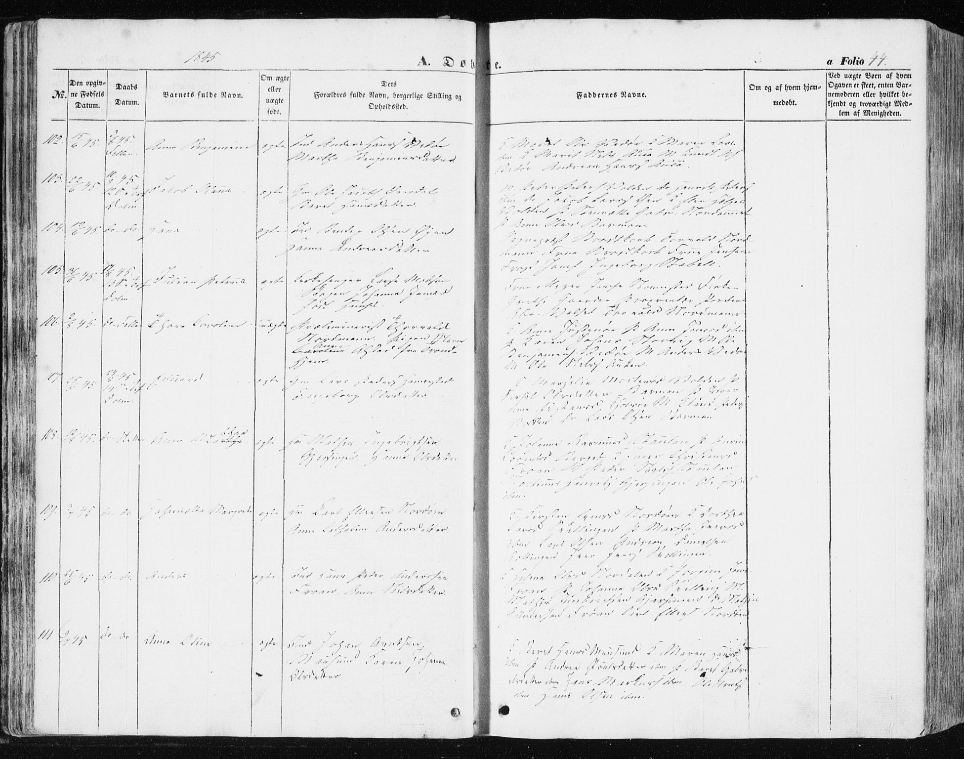 Ministerialprotokoller, klokkerbøker og fødselsregistre - Sør-Trøndelag, AV/SAT-A-1456/634/L0529: Parish register (official) no. 634A05, 1843-1851, p. 44