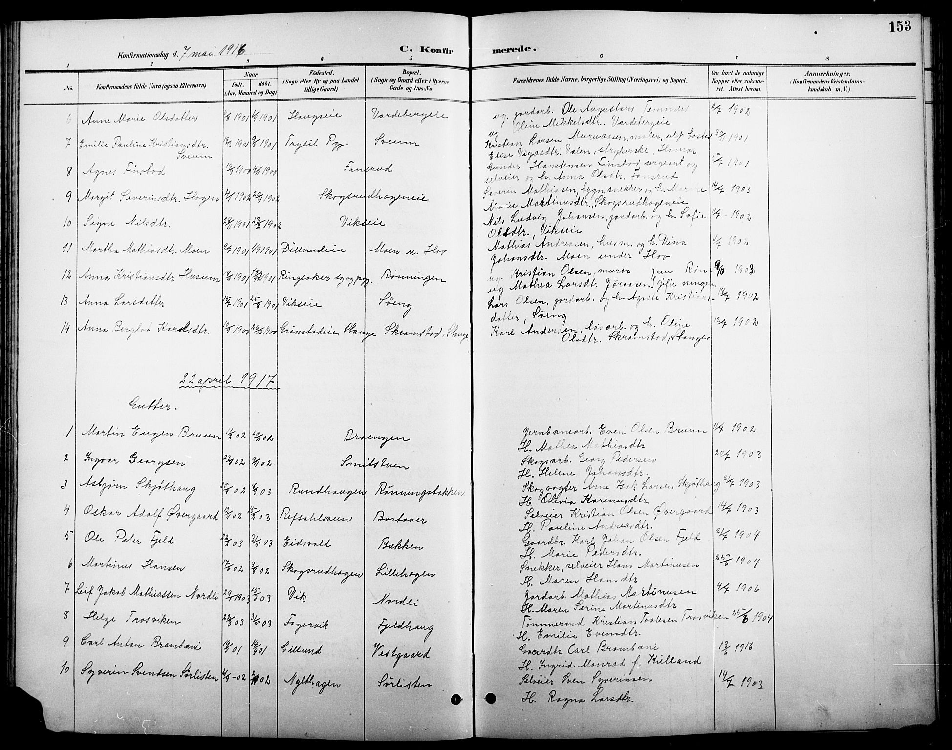 Stange prestekontor, SAH/PREST-002/L/L0011: Parish register (copy) no. 11, 1895-1917, p. 153