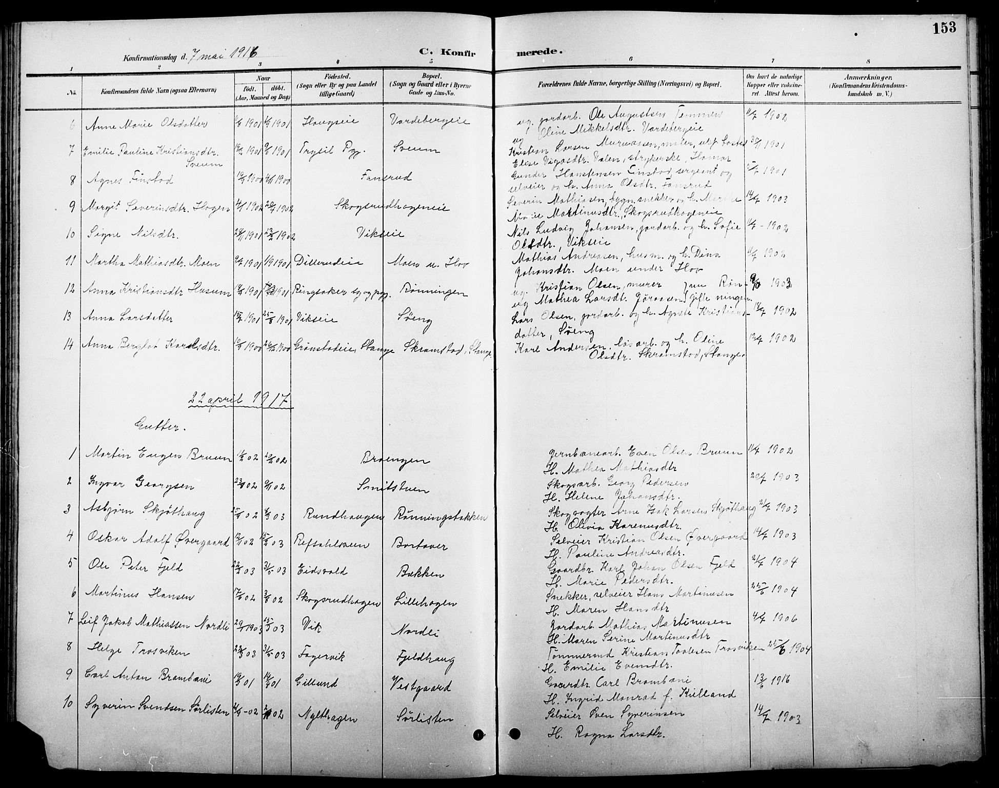 Stange prestekontor, AV/SAH-PREST-002/L/L0011: Parish register (copy) no. 11, 1895-1917, p. 153