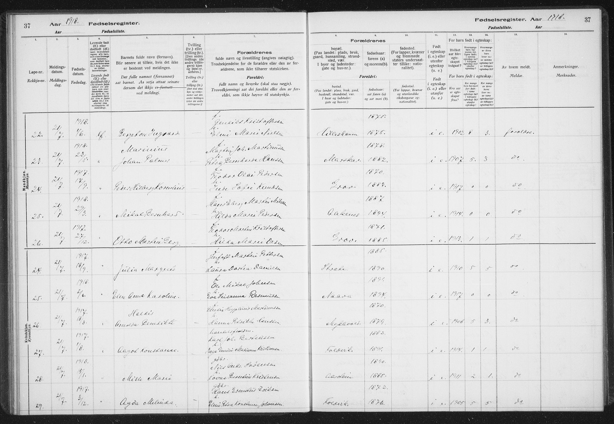 Ibestad sokneprestembete, AV/SATØ-S-0077/I/Ic/L0061: Birth register no. 61, 1917-1929, p. 37