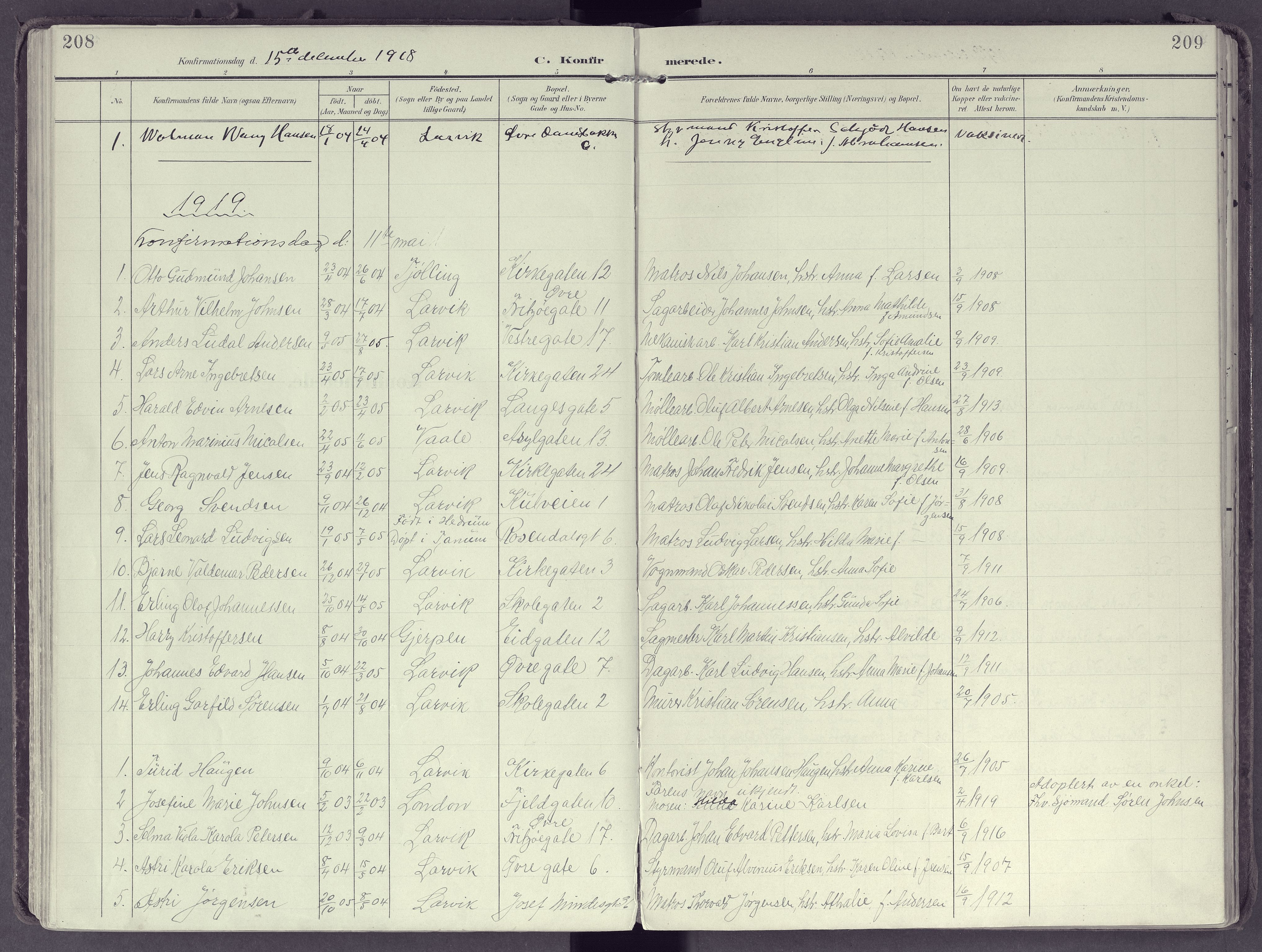 Larvik kirkebøker, AV/SAKO-A-352/F/Fb/L0005: Parish register (official) no. II 5, 1903-1925, p. 208-209