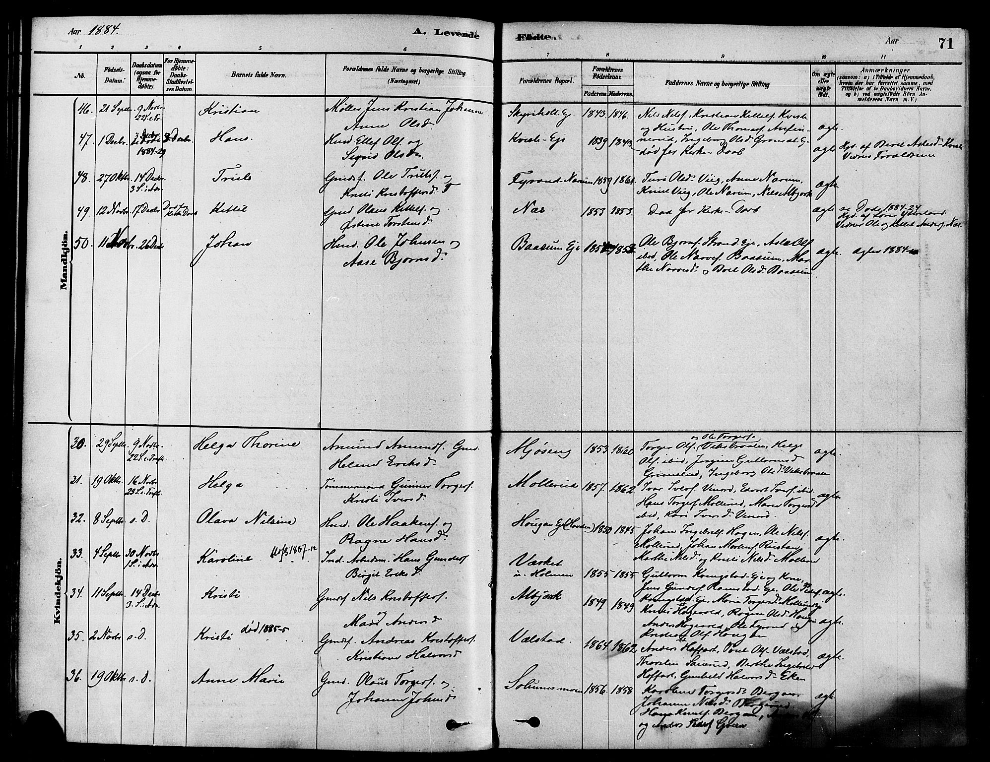 Sigdal kirkebøker, AV/SAKO-A-245/F/Fa/L0011: Parish register (official) no. I 11, 1879-1887, p. 71