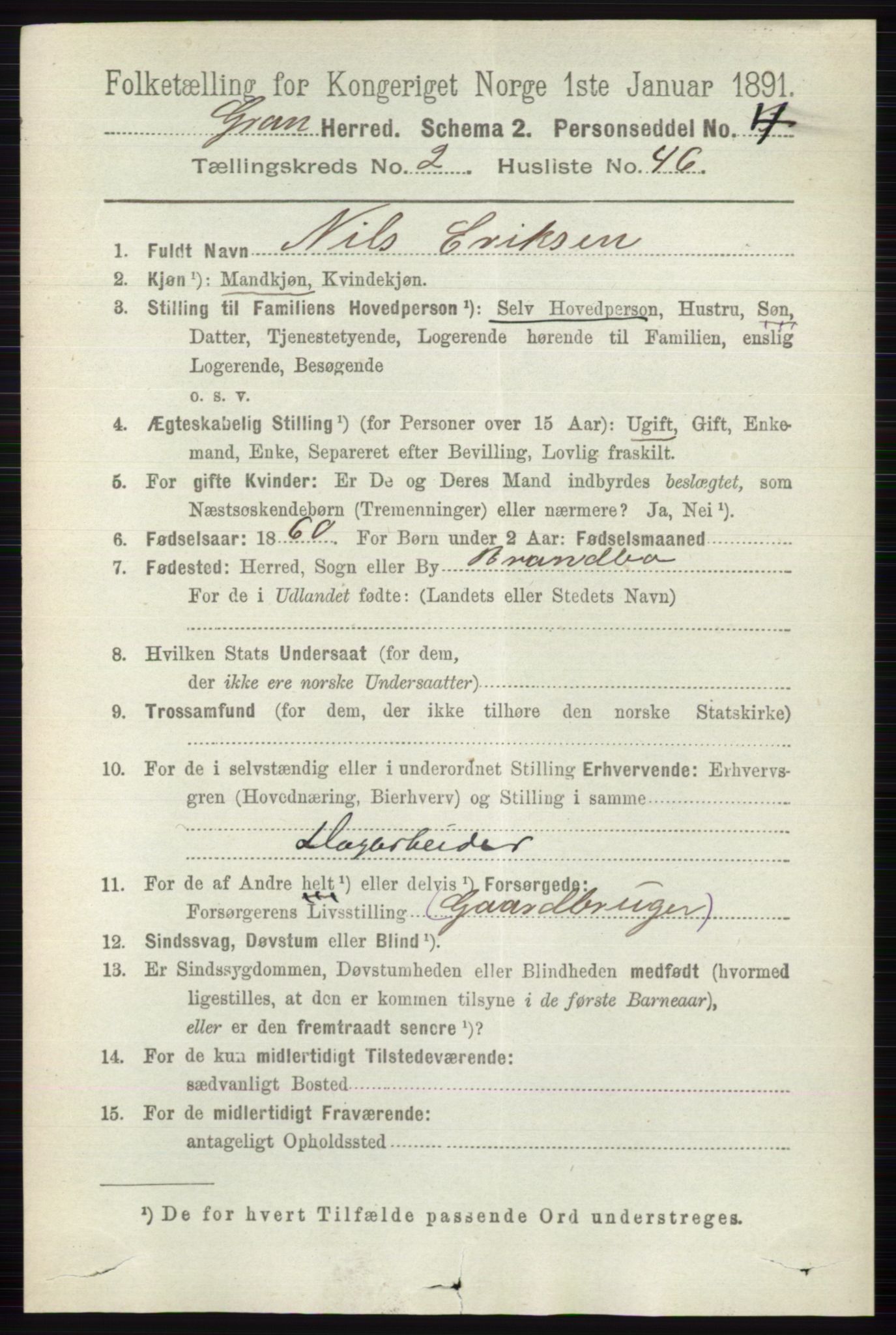 RA, 1891 census for 0534 Gran, 1891, p. 601