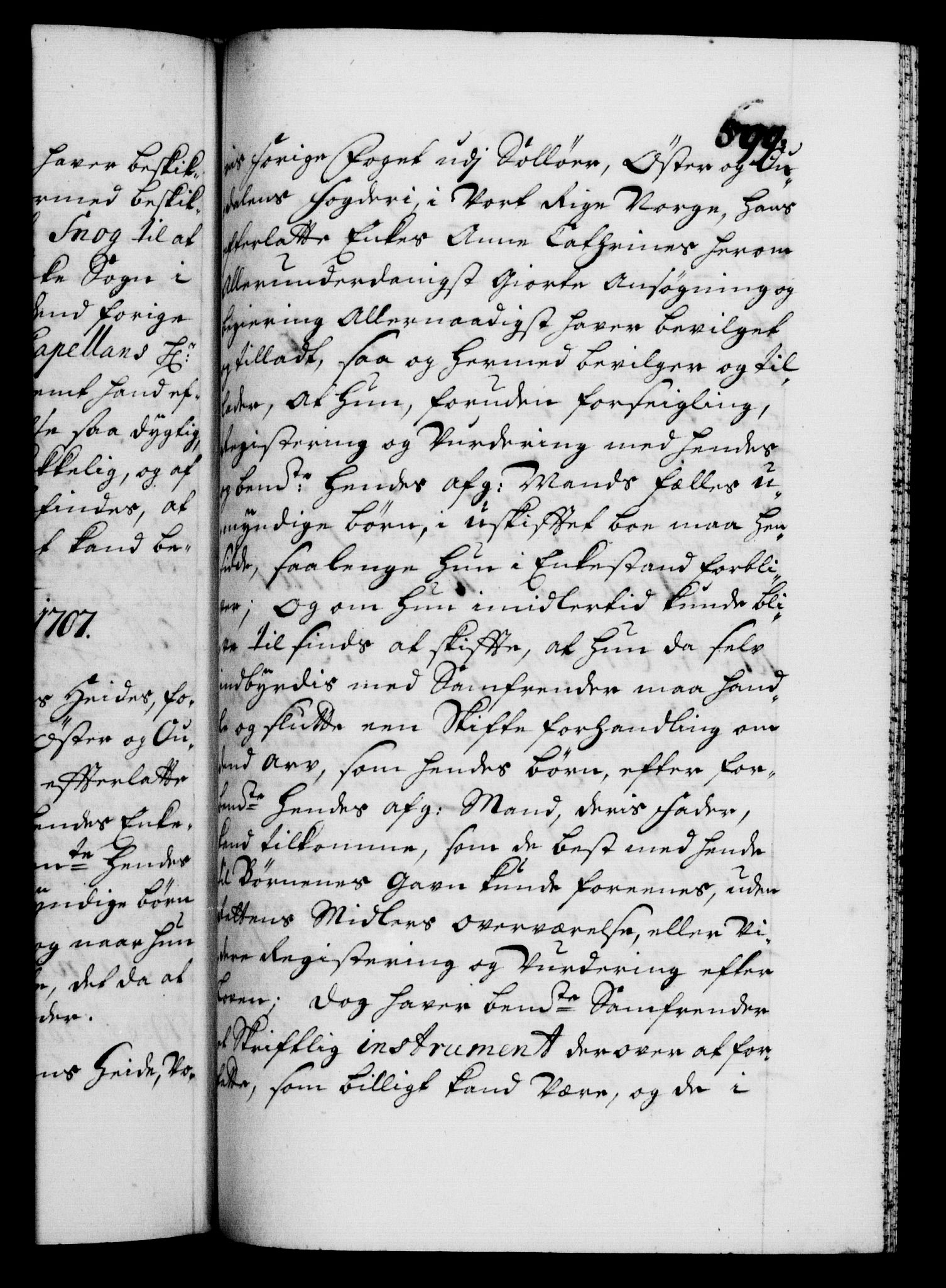 Danske Kanselli 1572-1799, AV/RA-EA-3023/F/Fc/Fca/Fcaa/L0019: Norske registre, 1704-1707, p. 599a