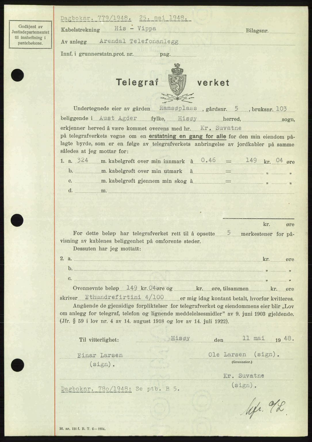 Nedenes sorenskriveri, SAK/1221-0006/G/Gb/Gba/L0059: Mortgage book no. A11, 1948-1948, Diary no: : 779/1948