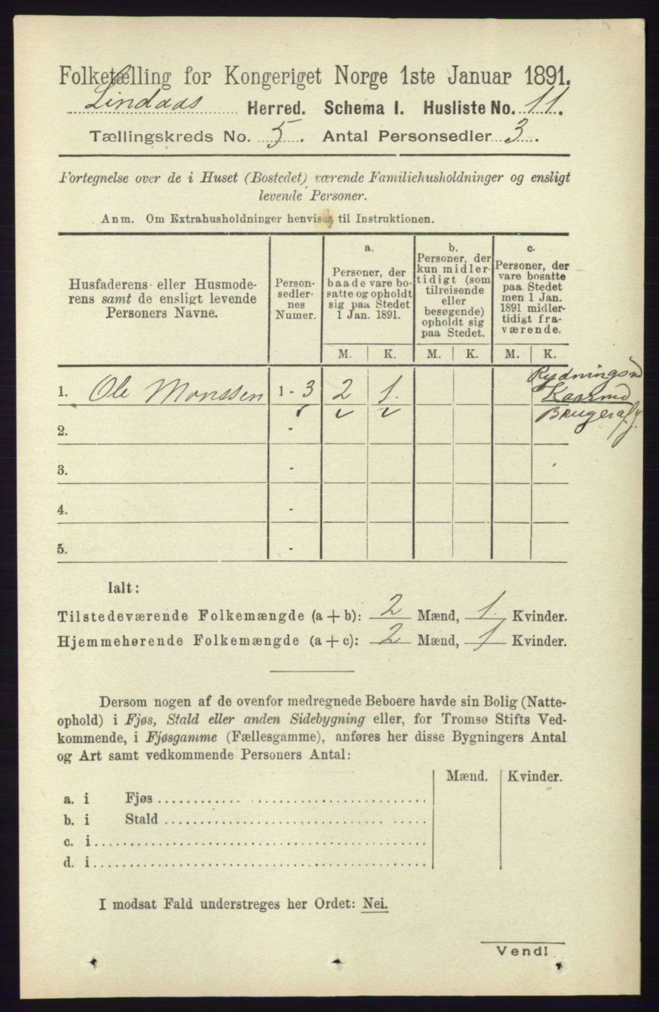 RA, 1891 census for 1263 Lindås, 1891, p. 1406