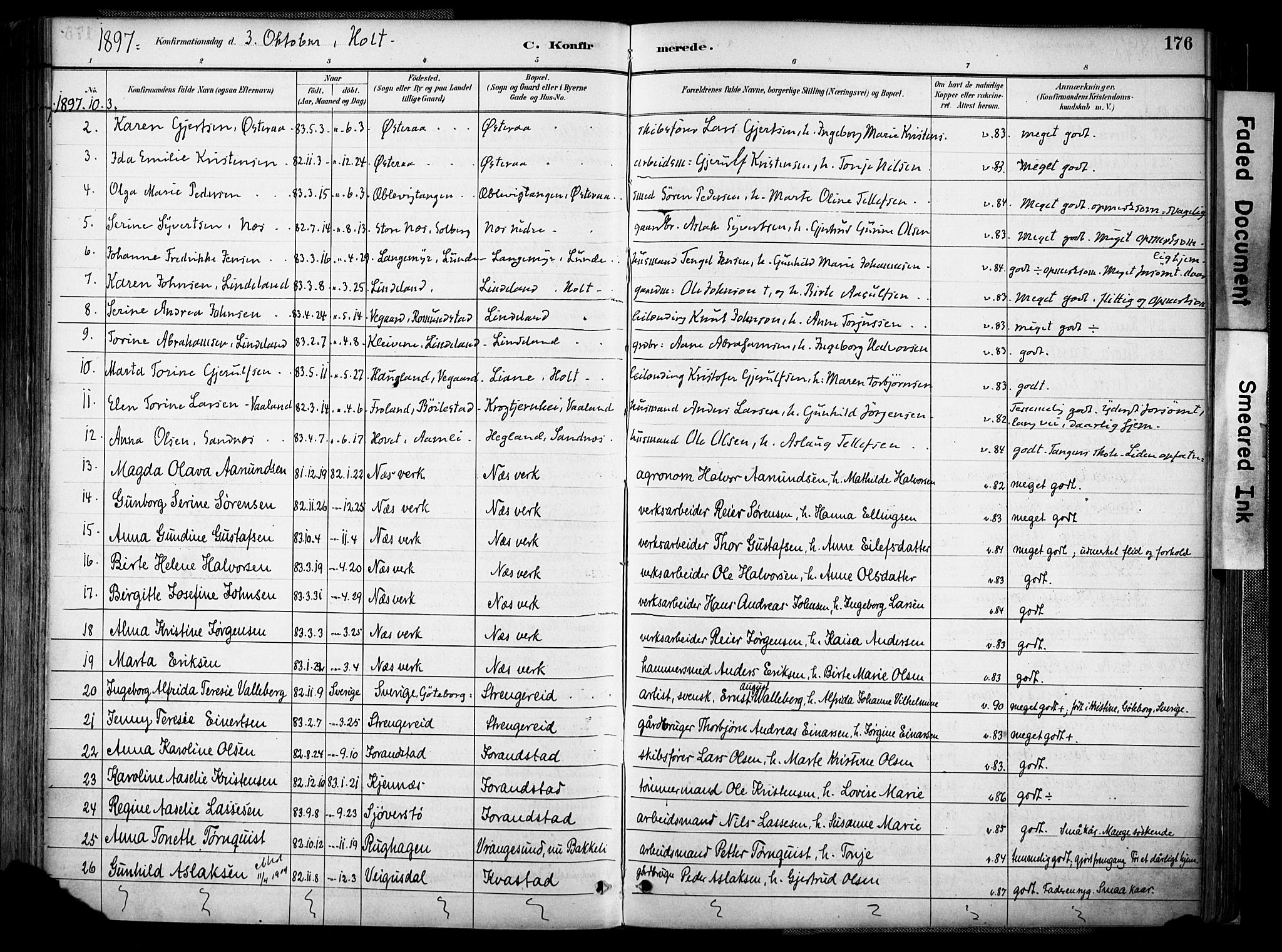 Holt sokneprestkontor, AV/SAK-1111-0021/F/Fa/L0012: Parish register (official) no. A 12, 1885-1907, p. 176