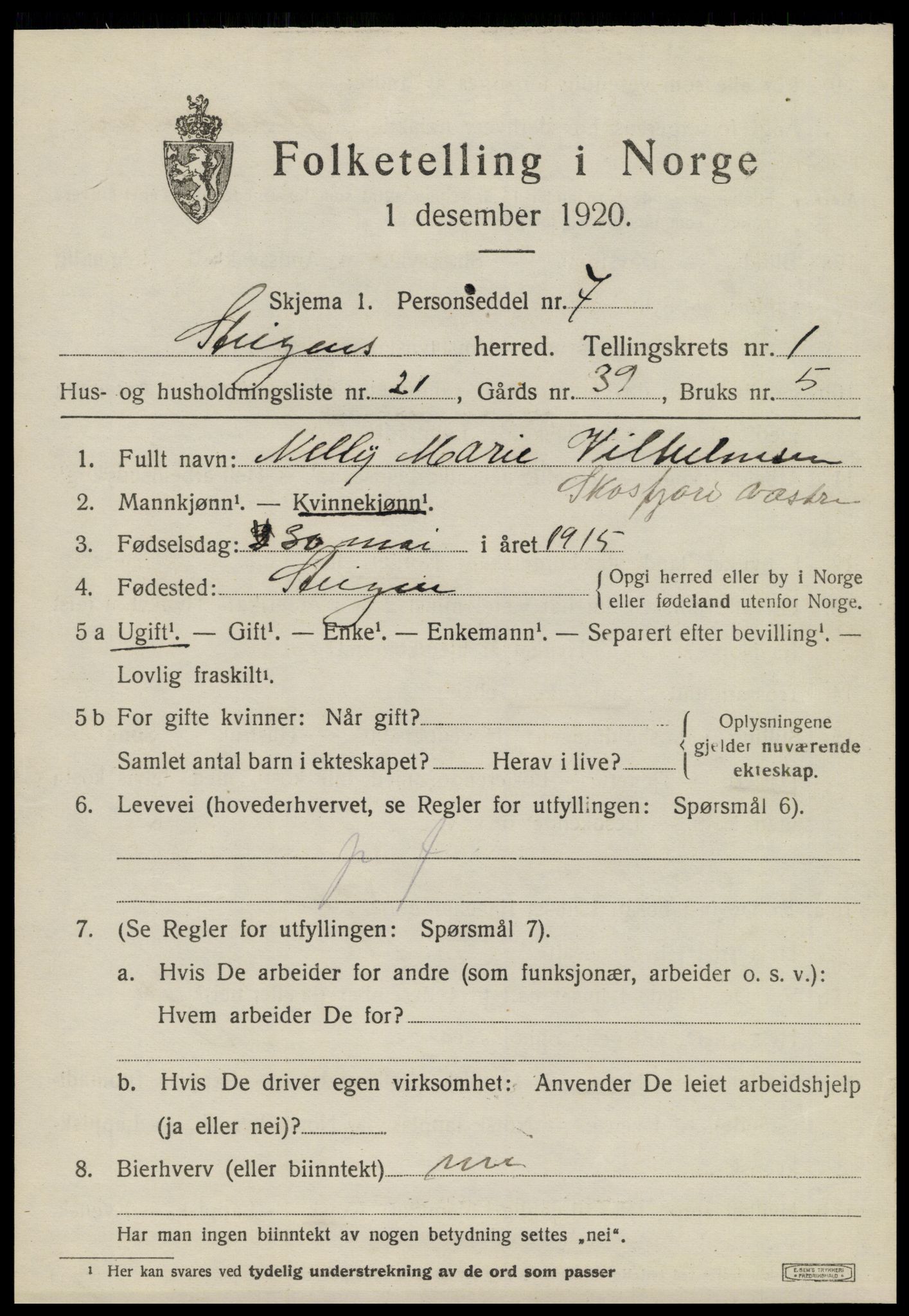 SAT, 1920 census for Steigen, 1920, p. 1118