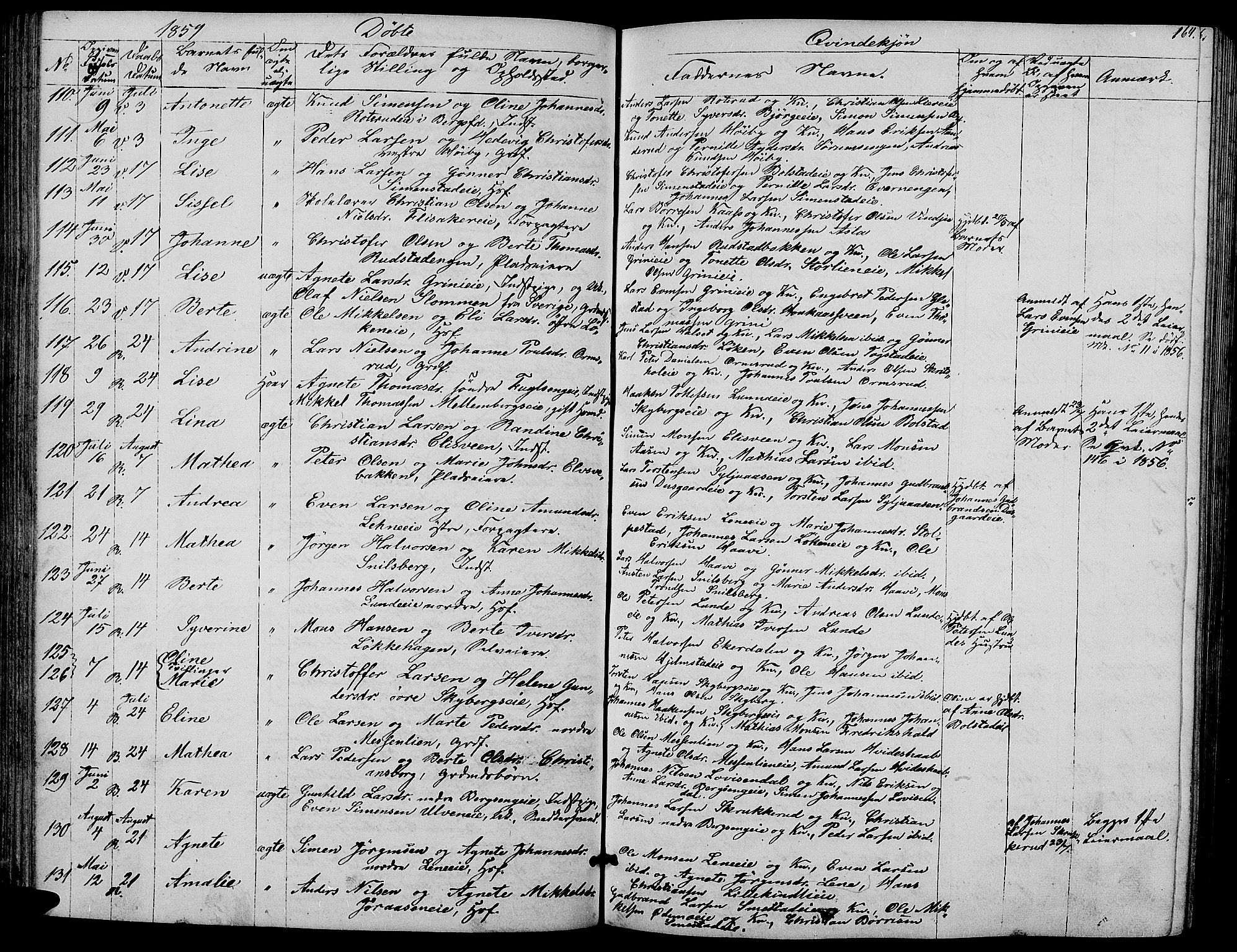 Ringsaker prestekontor, AV/SAH-PREST-014/L/La/L0006: Parish register (copy) no. 6, 1851-1860, p. 164