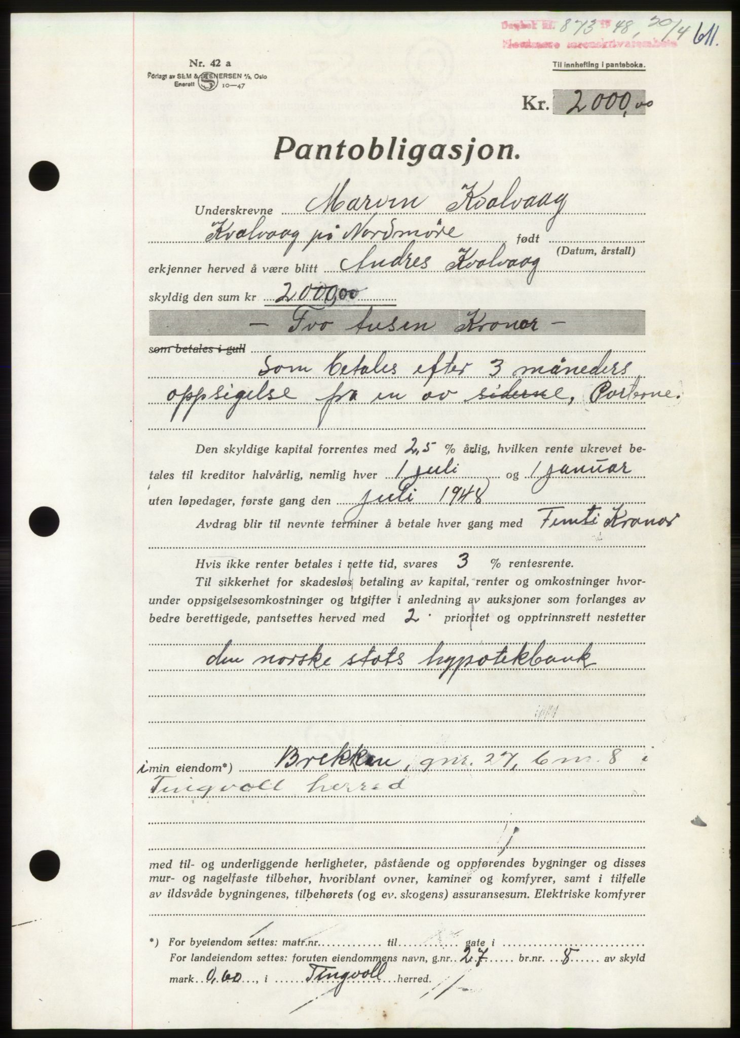 Nordmøre sorenskriveri, AV/SAT-A-4132/1/2/2Ca: Mortgage book no. B98, 1948-1948, Diary no: : 873/1948