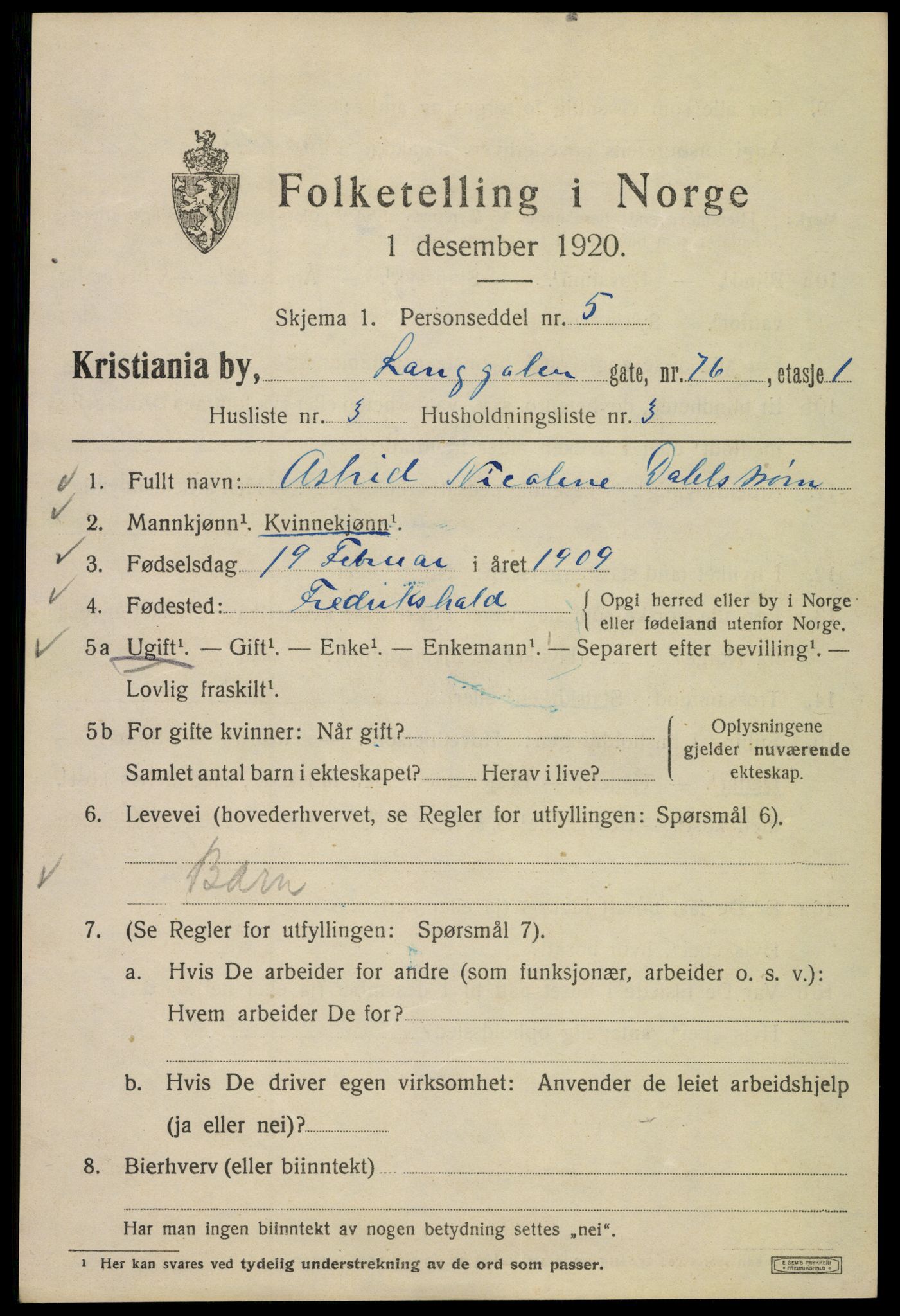 SAO, 1920 census for Kristiania, 1920, p. 360617