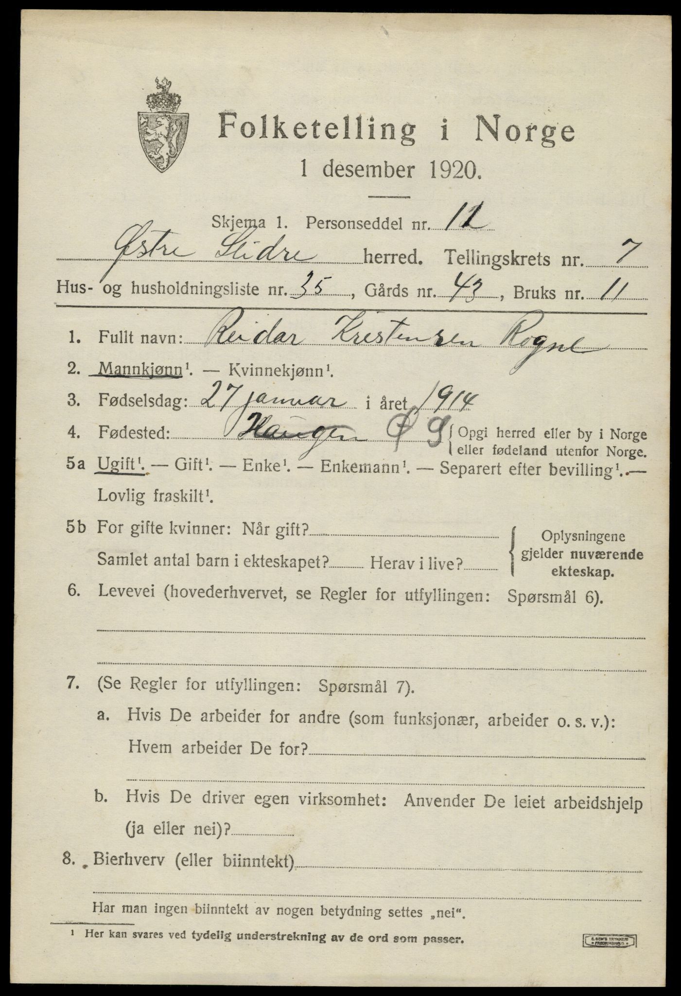 SAH, 1920 census for Øystre Slidre, 1920, p. 4411