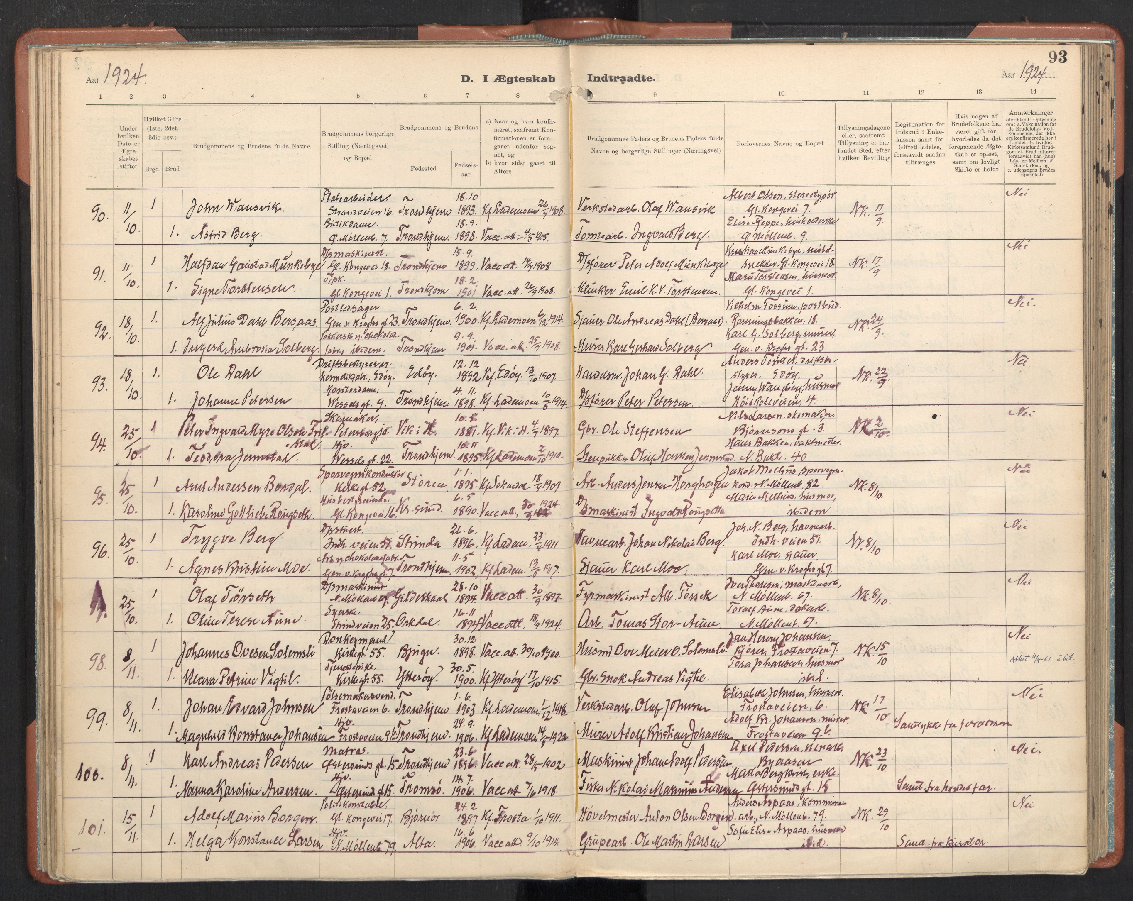 Ministerialprotokoller, klokkerbøker og fødselsregistre - Sør-Trøndelag, SAT/A-1456/605/L0245: Parish register (official) no. 605A07, 1916-1938, p. 93
