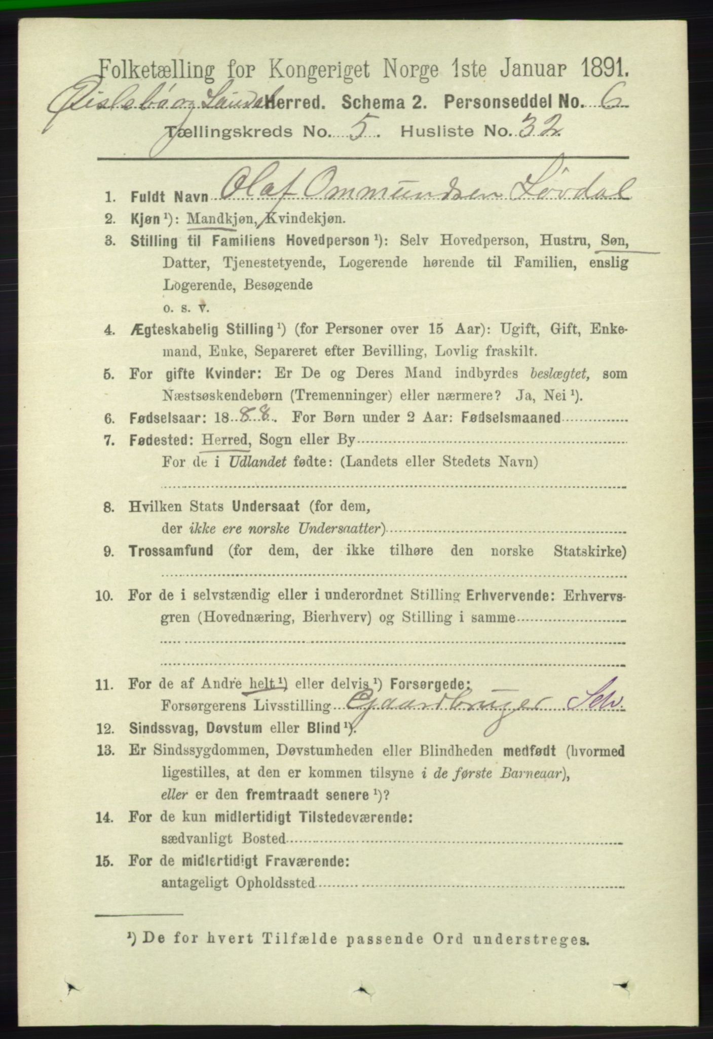 RA, 1891 census for 1021 Øyslebø og Laudal, 1891, p. 1523