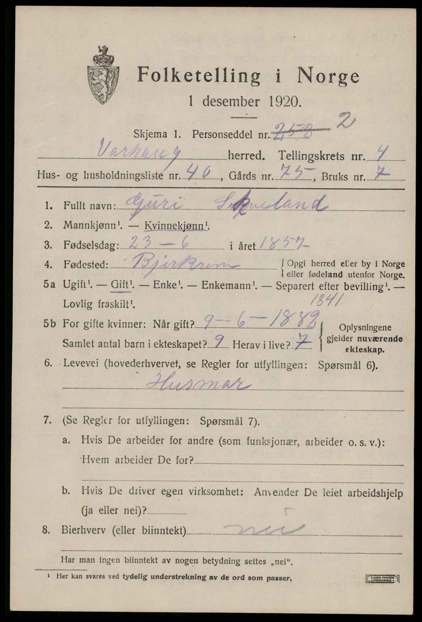 SAST, 1920 census for Varhaug, 1920, p. 4131