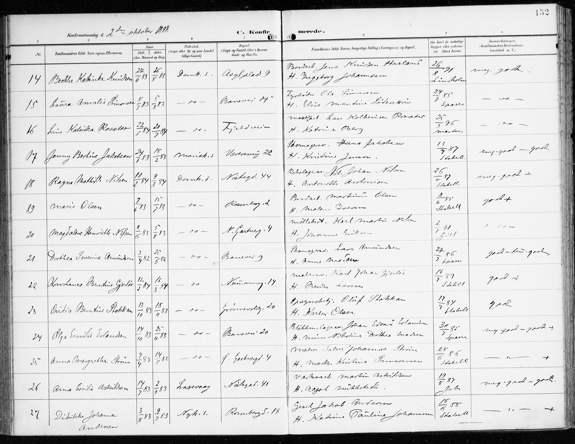 Domkirken sokneprestembete, AV/SAB-A-74801/H/Haa/L0031: Parish register (official) no. C 6, 1898-1915, p. 152