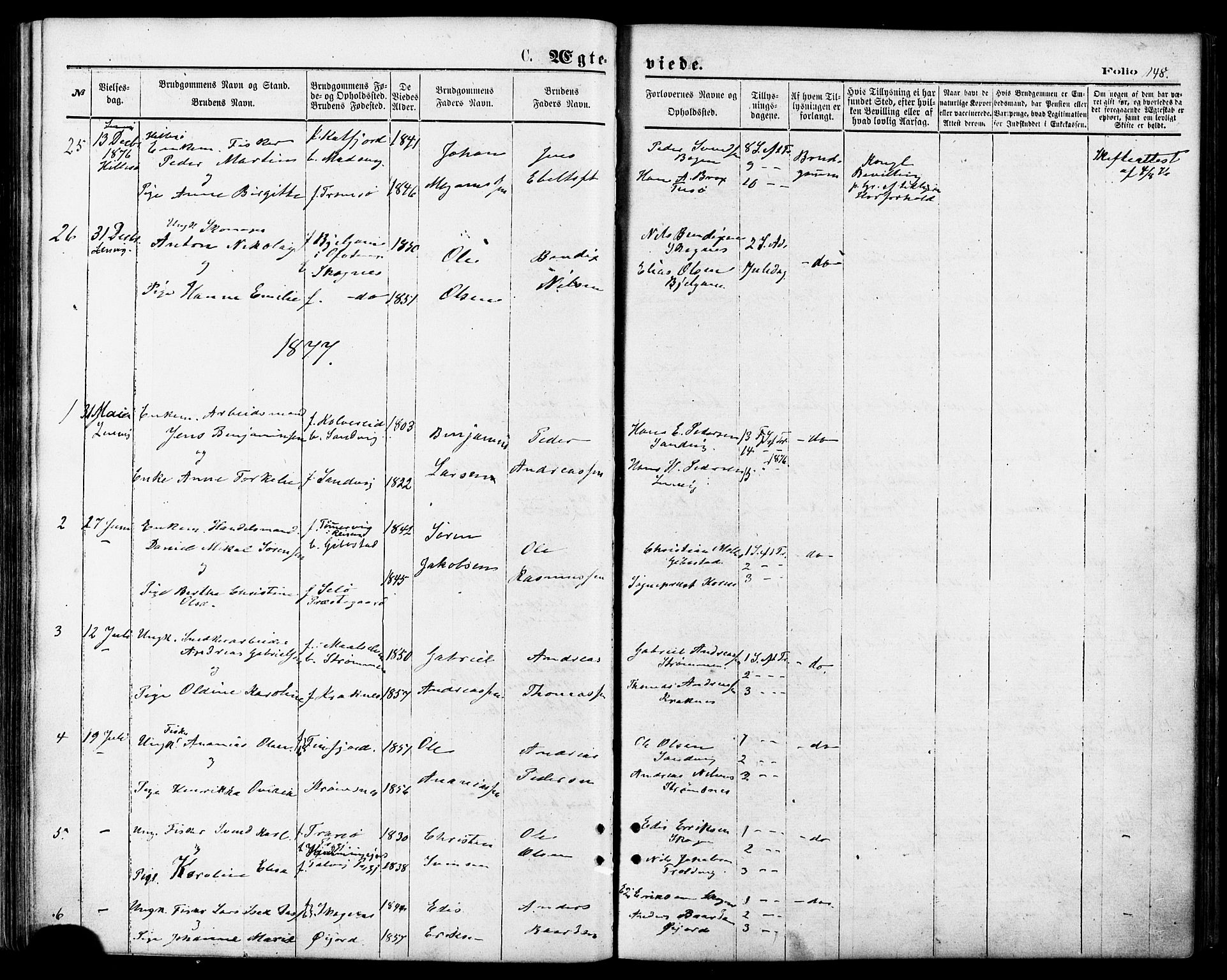 Lenvik sokneprestembete, AV/SATØ-S-1310/H/Ha/Haa/L0010kirke: Parish register (official) no. 10, 1873-1880, p. 148