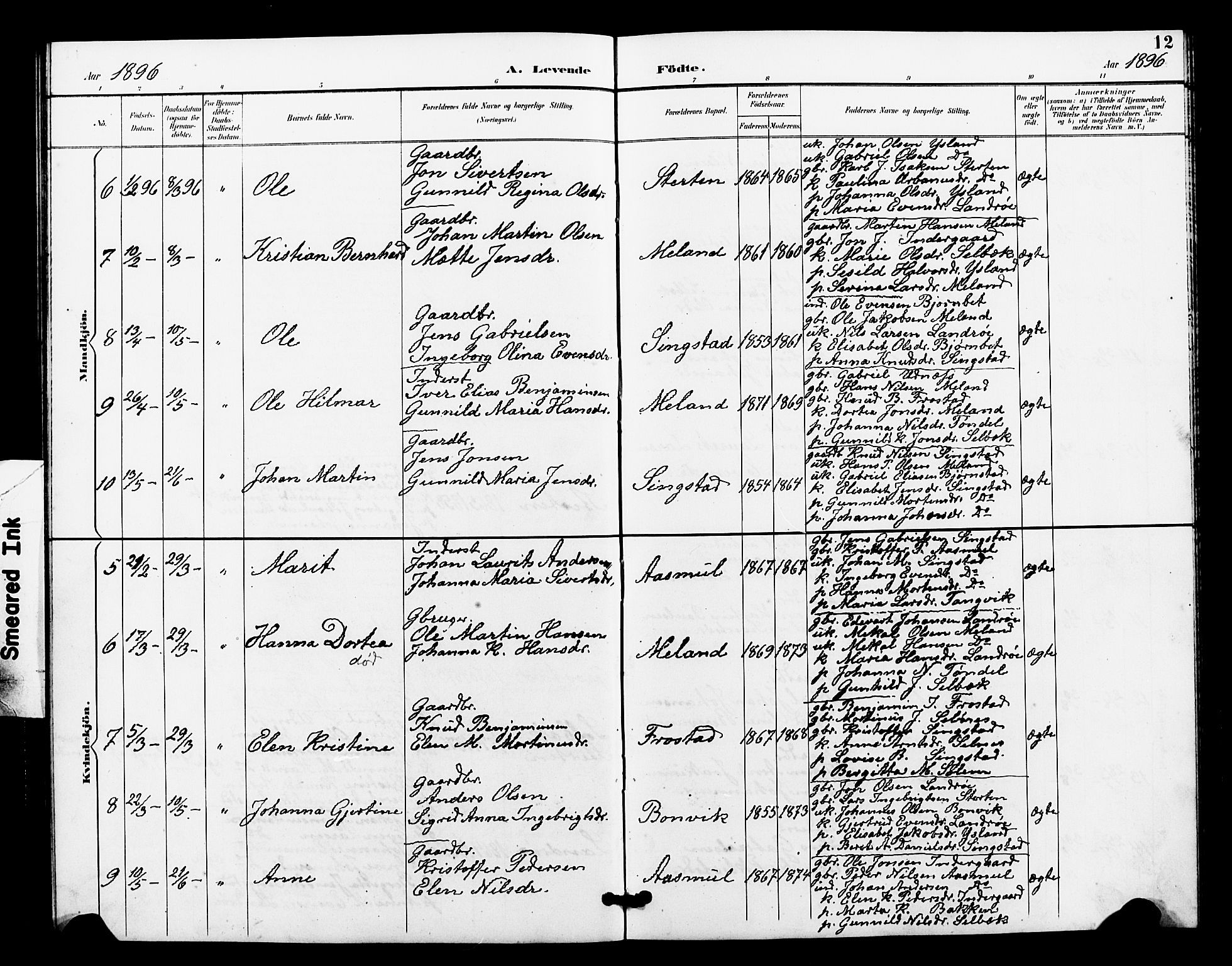 Ministerialprotokoller, klokkerbøker og fødselsregistre - Sør-Trøndelag, AV/SAT-A-1456/663/L0762: Parish register (copy) no. 663C02, 1894-1899, p. 12