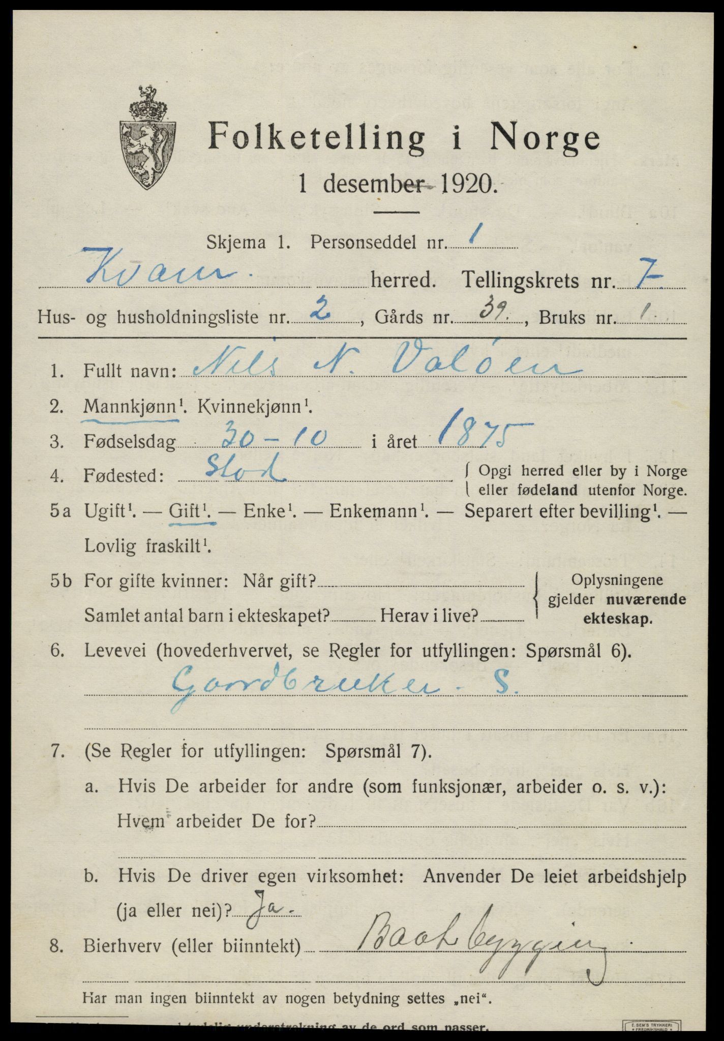 SAT, 1920 census for Kvam, 1920, p. 1811
