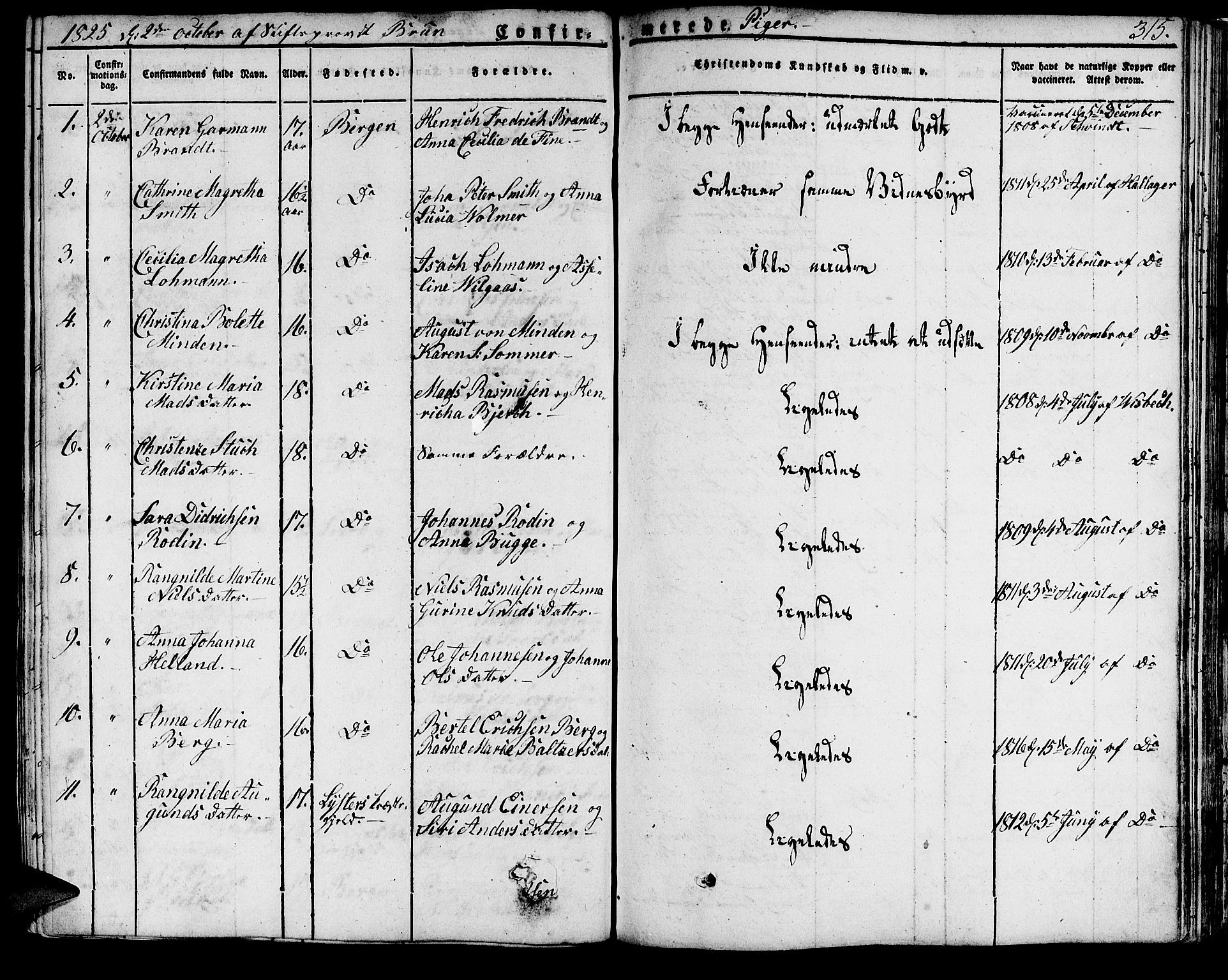 Domkirken sokneprestembete, SAB/A-74801/H/Haa/L0012: Parish register (official) no. A 12, 1821-1840, p. 315