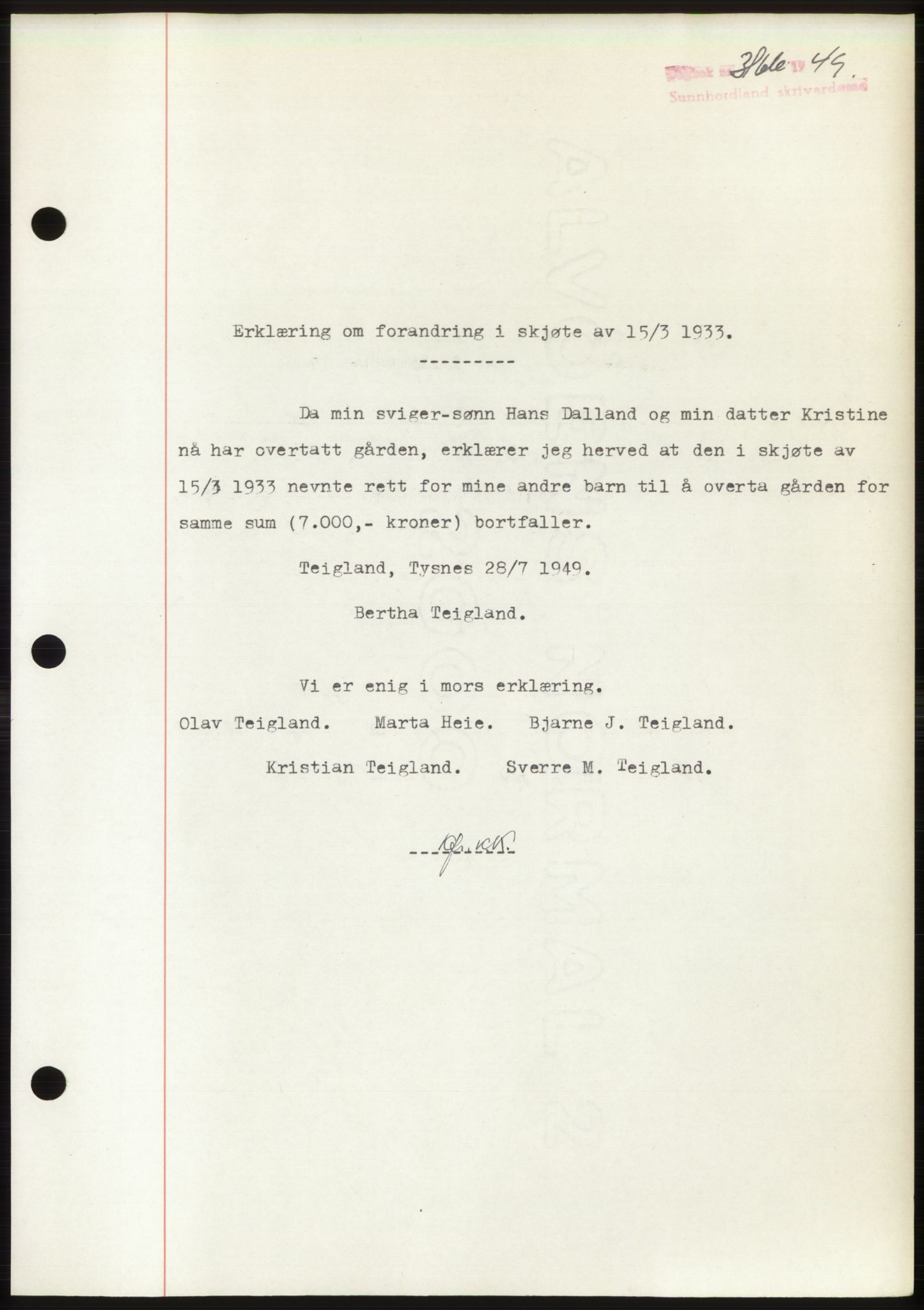 Sunnhordland sorenskrivar, AV/SAB-A-2401: Mortgage book no. B75-79, 1948-1950, Diary no: : 3166/1949
