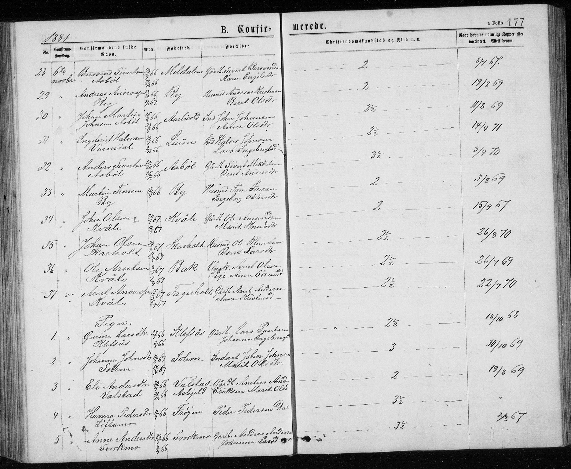 Ministerialprotokoller, klokkerbøker og fødselsregistre - Sør-Trøndelag, SAT/A-1456/671/L0843: Parish register (copy) no. 671C02, 1873-1892, p. 177