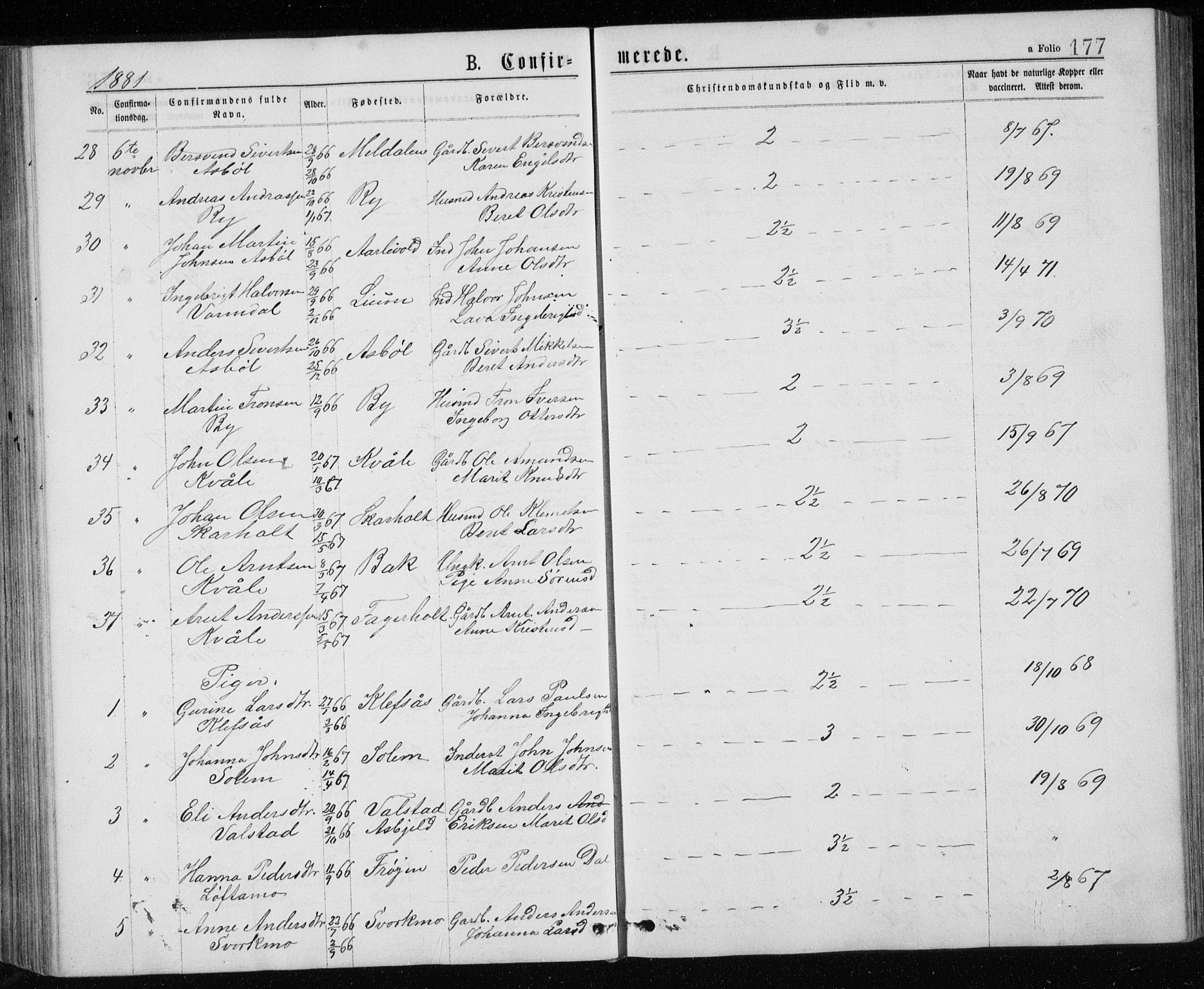 Ministerialprotokoller, klokkerbøker og fødselsregistre - Sør-Trøndelag, AV/SAT-A-1456/671/L0843: Parish register (copy) no. 671C02, 1873-1892, p. 177