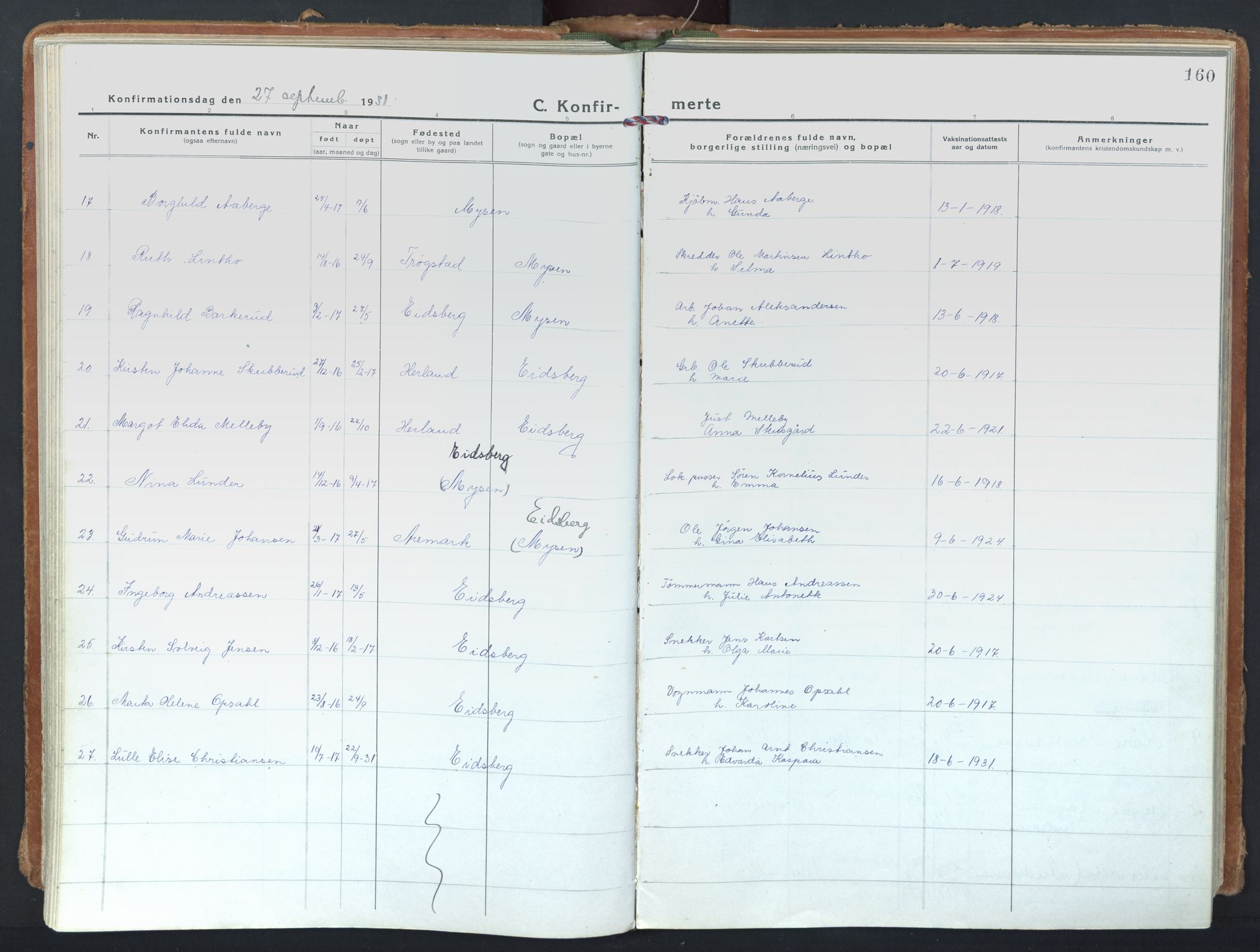 Eidsberg prestekontor Kirkebøker, SAO/A-10905/F/Fd/L0001: Parish register (official) no. IV 1, 1921-1948, p. 160