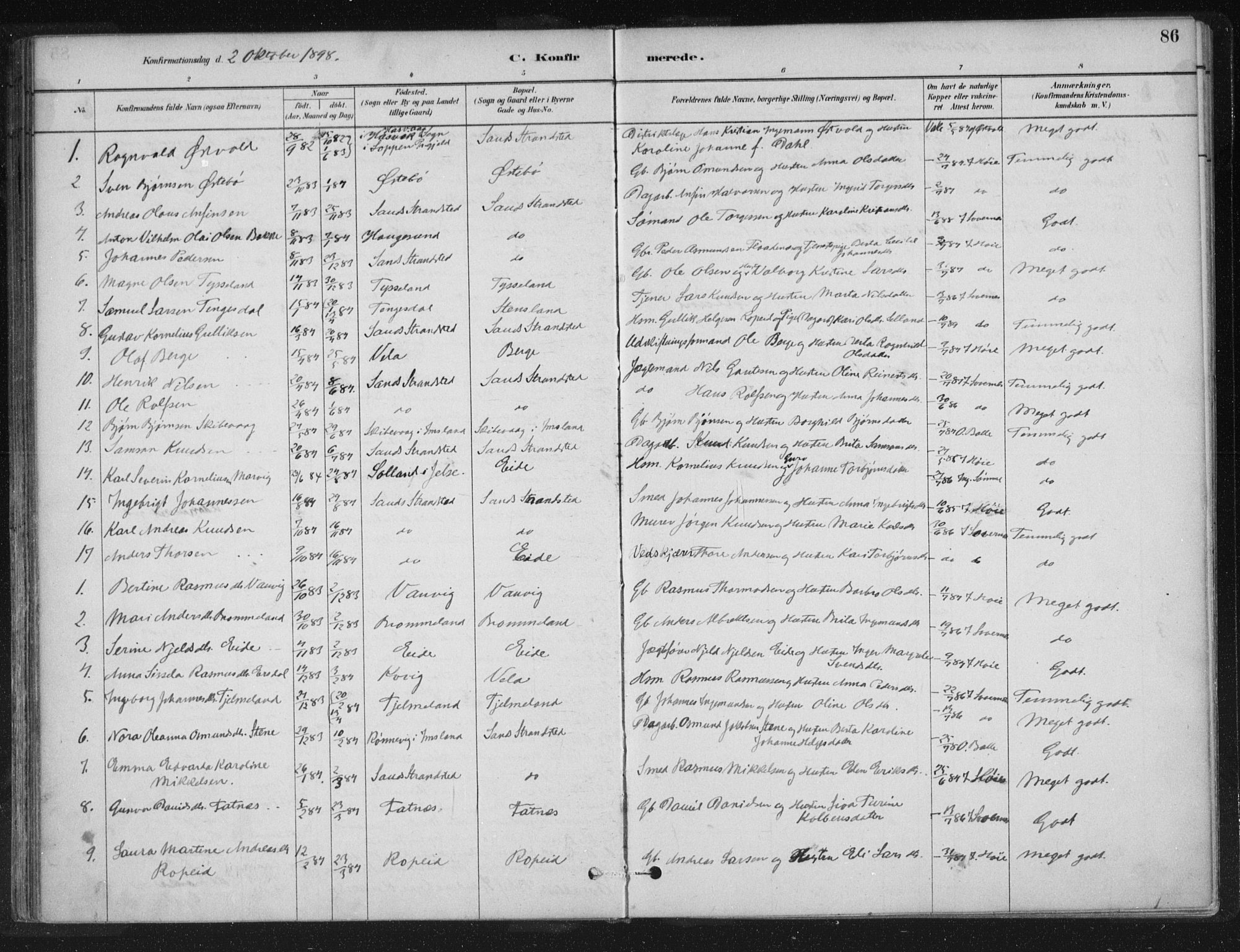 Sand sokneprestkontor, AV/SAST-A-101848/01/III/L0005: Parish register (official) no. A 5, 1880-1898, p. 86