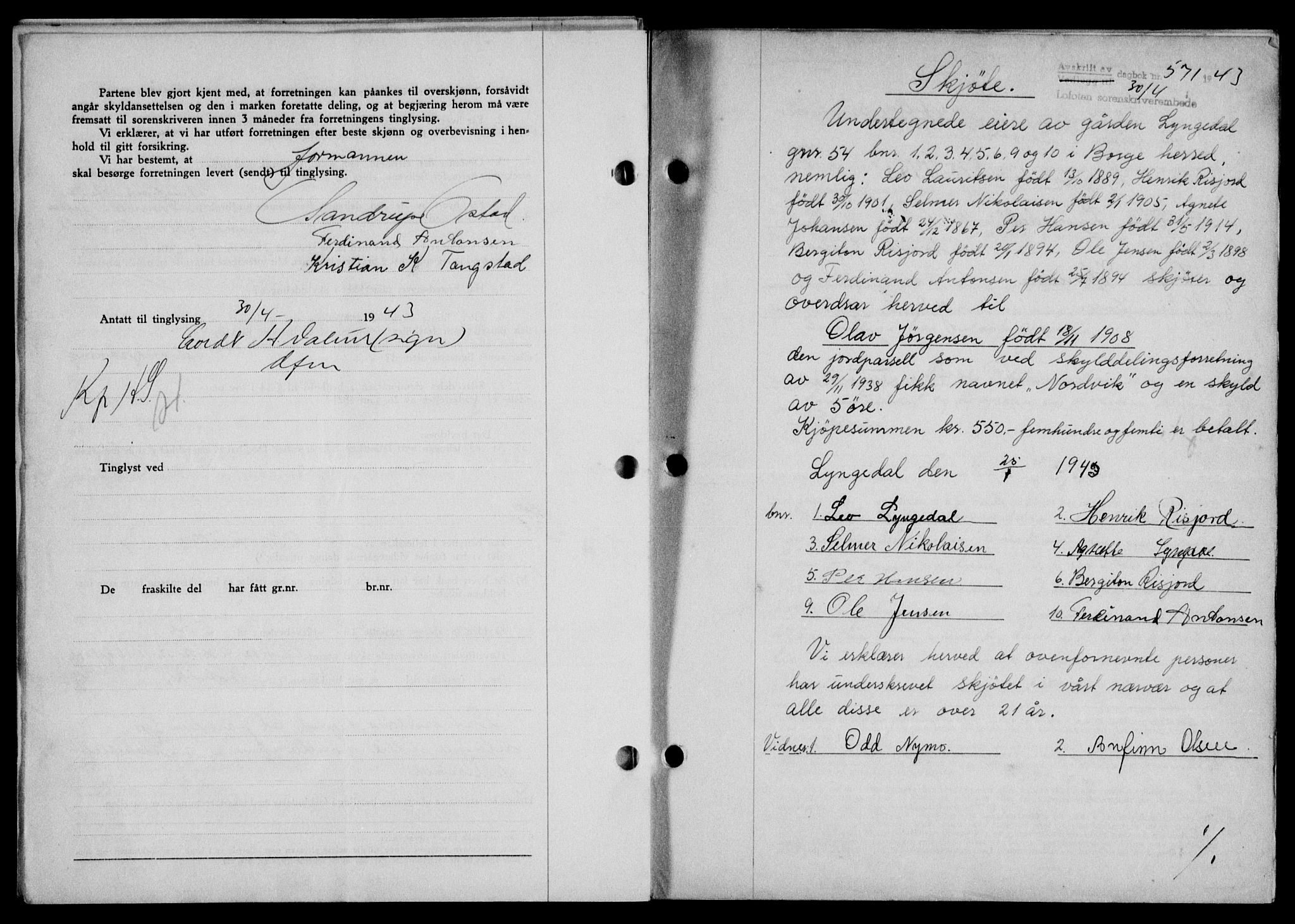 Lofoten sorenskriveri, SAT/A-0017/1/2/2C/L0011a: Mortgage book no. 11a, 1943-1943, Diary no: : 571/1943
