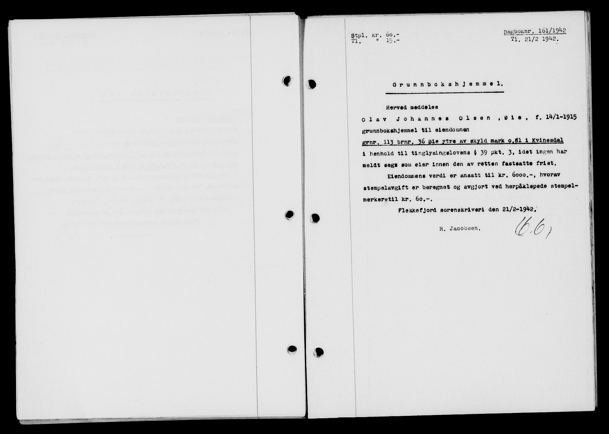 Flekkefjord sorenskriveri, AV/SAK-1221-0001/G/Gb/Gba/L0057: Mortgage book no. A-5, 1941-1942, Diary no: : 161/1942