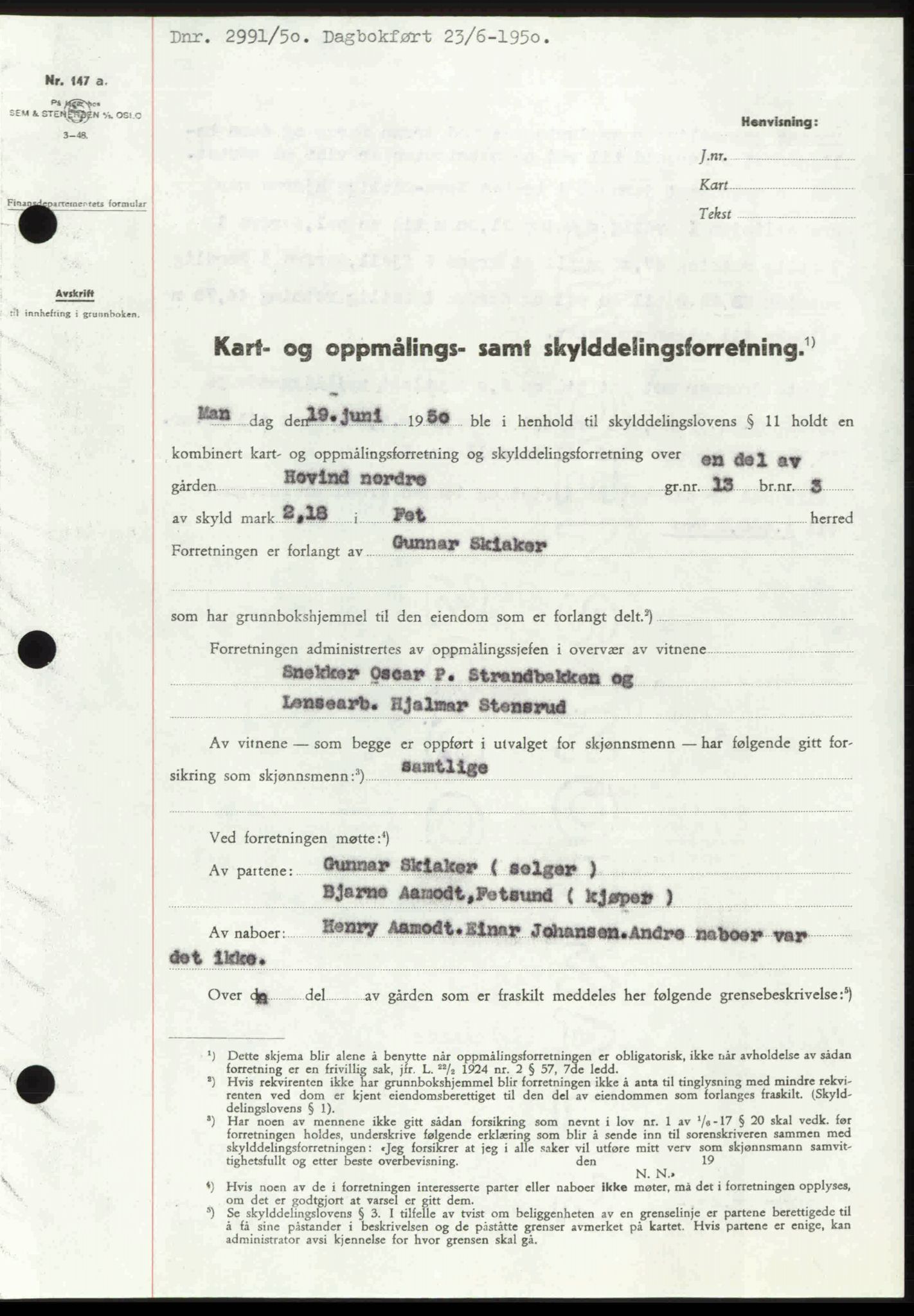 Nedre Romerike sorenskriveri, SAO/A-10469/G/Gb/Gbd/L0030: Mortgage book no. 30, 1950-1950, Diary no: : 2991/1950